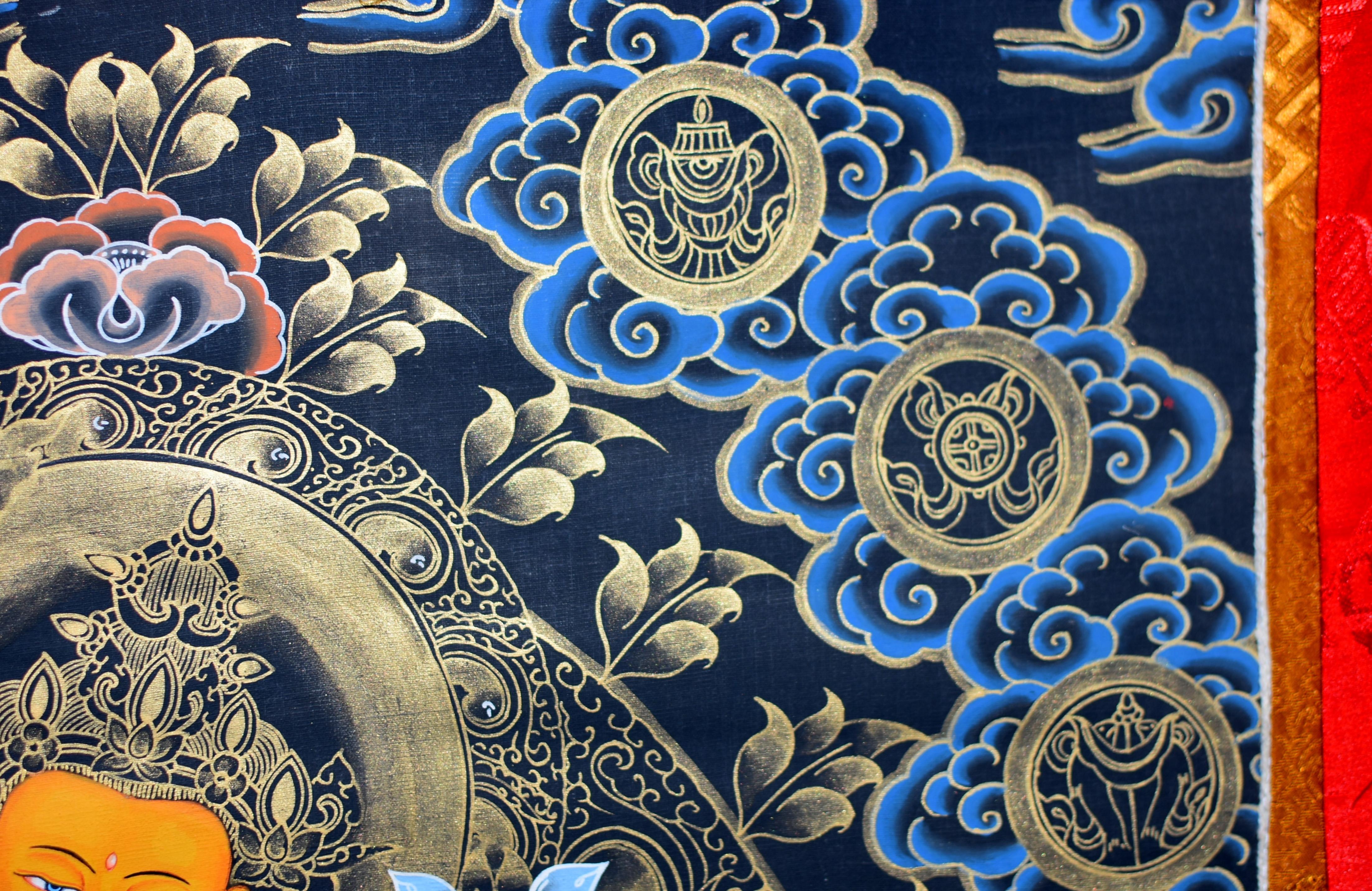 Hand-Painted Hand Painted Gilded Tibetan Thangka of Manjushree