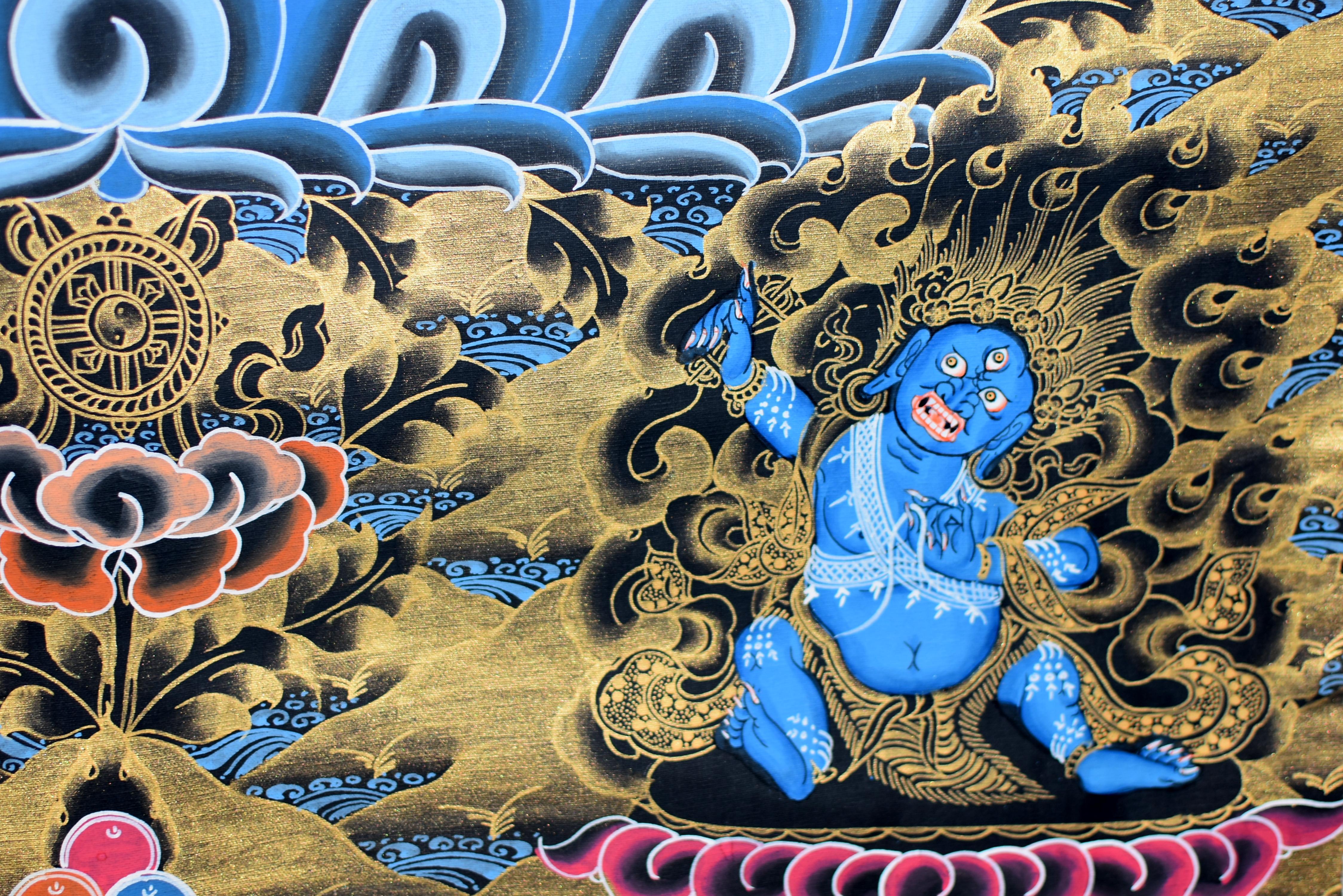 Contemporary Hand Painted Gilded Tibetan Thangka of Manjushree