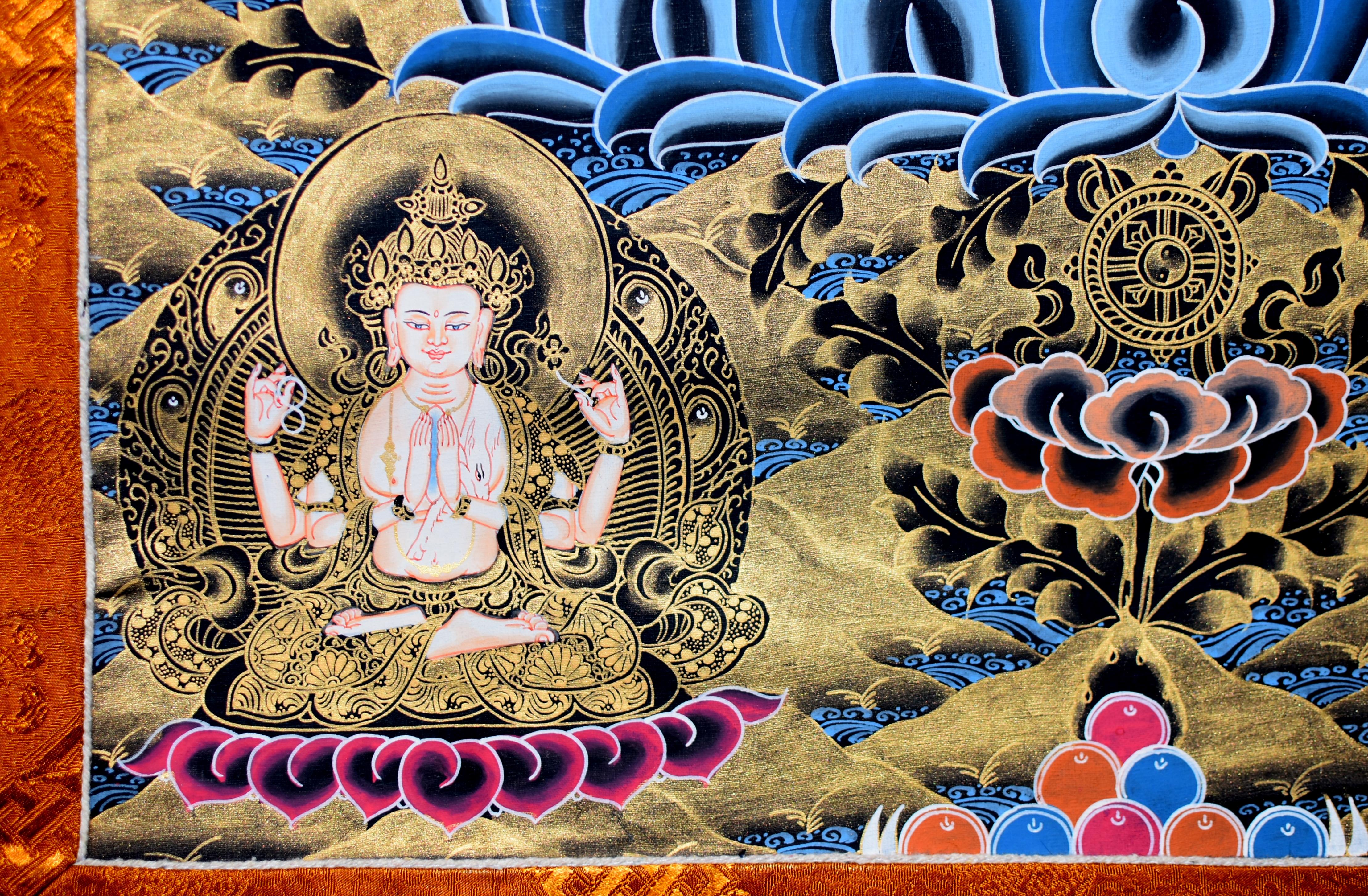 Brocade Hand Painted Gilded Tibetan Thangka of Manjushree