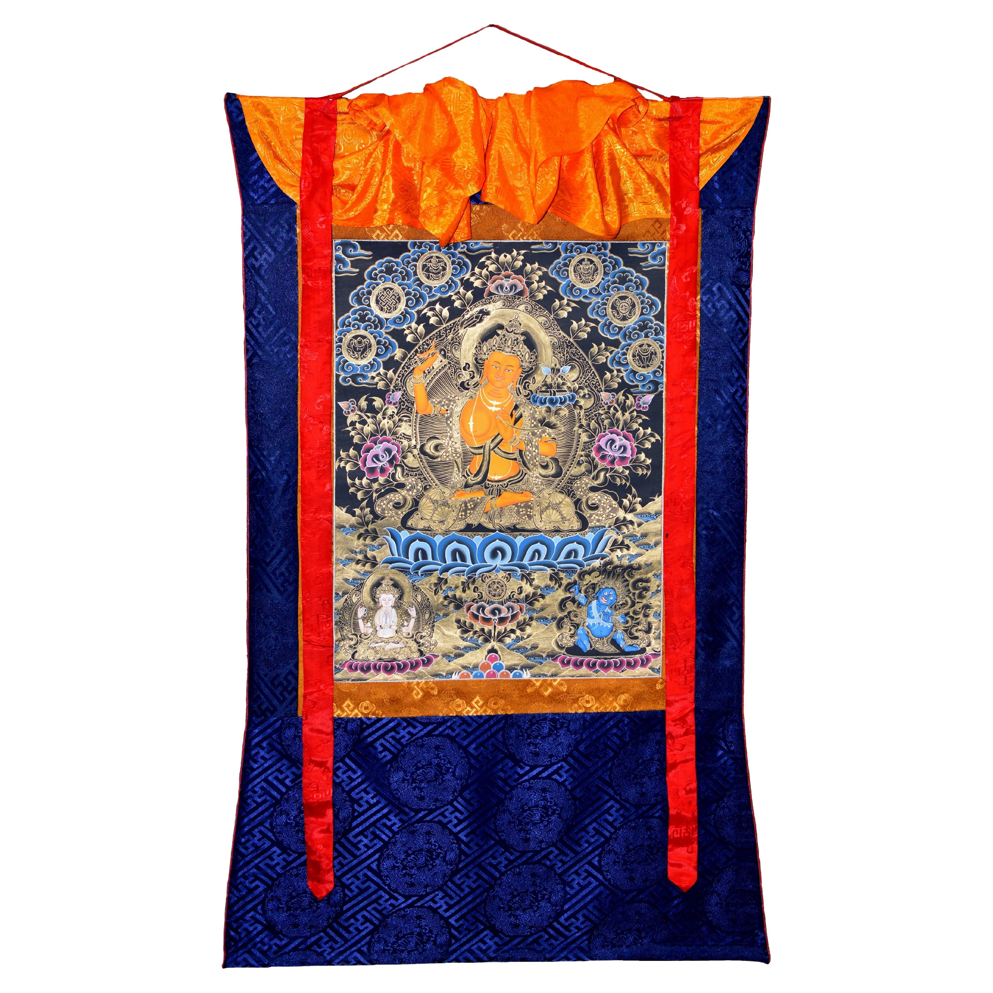 Hand Painted Gilded Tibetan Thangka of Manjushree