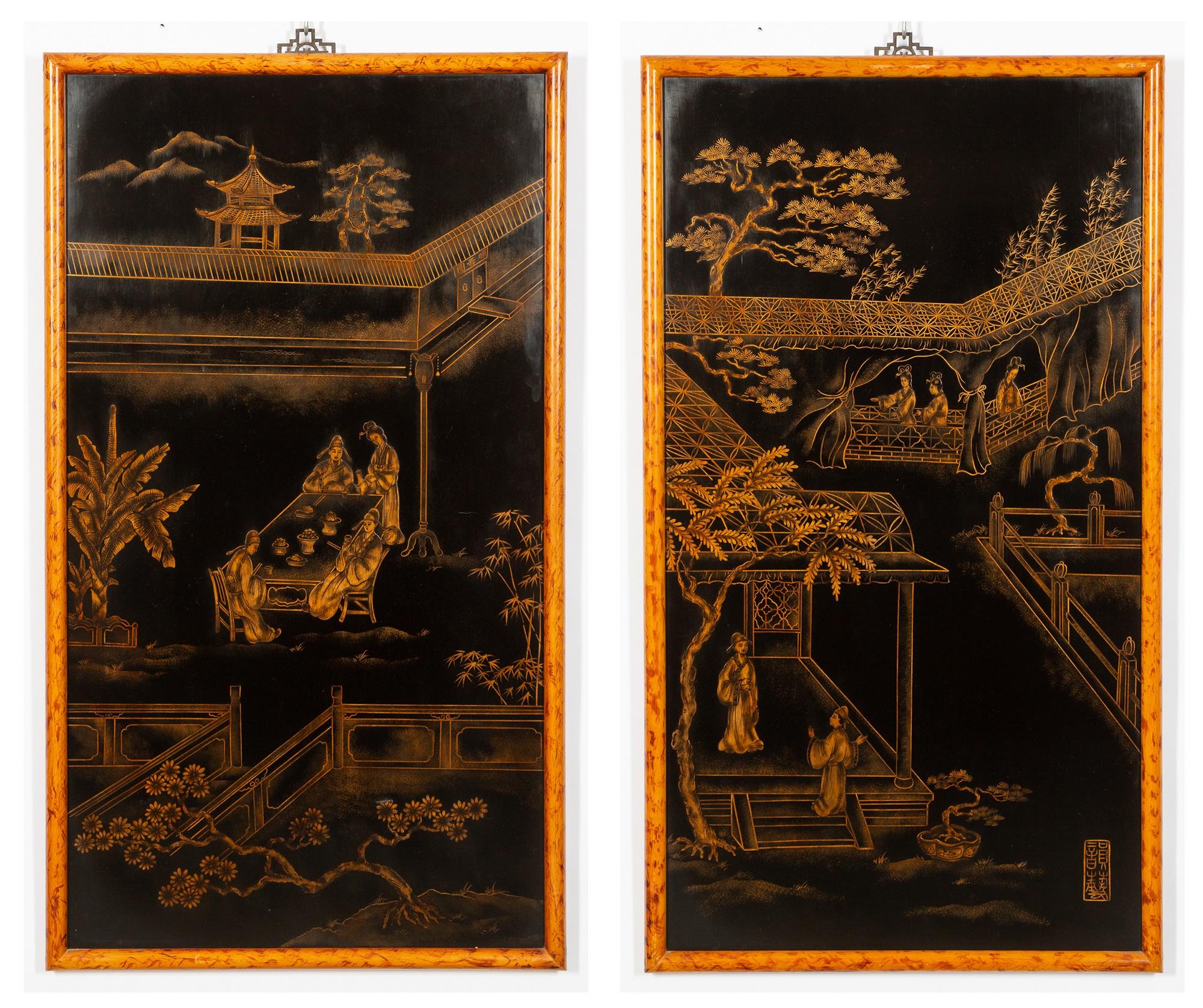 Hand-Painted & Gilt Decorated Chinoiserie Panels Hanging Wall Art Work For Sale 4