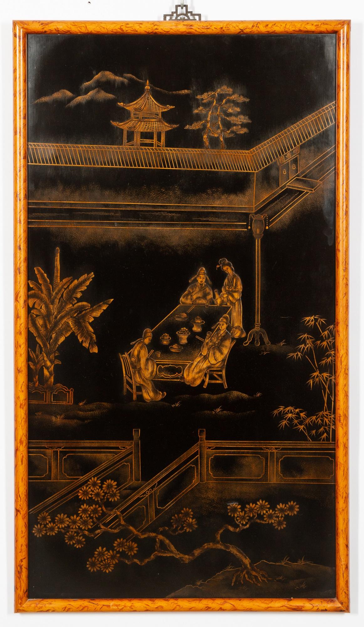 This exquisite pair of hand-painted and gilt-decorated Chinoiserie panels showcases the intricate artistry of Chinese craftsmanship. Each black wood panel is adorned with detailed Chinoiserie scenes, depicting figures in a palace garden amidst
