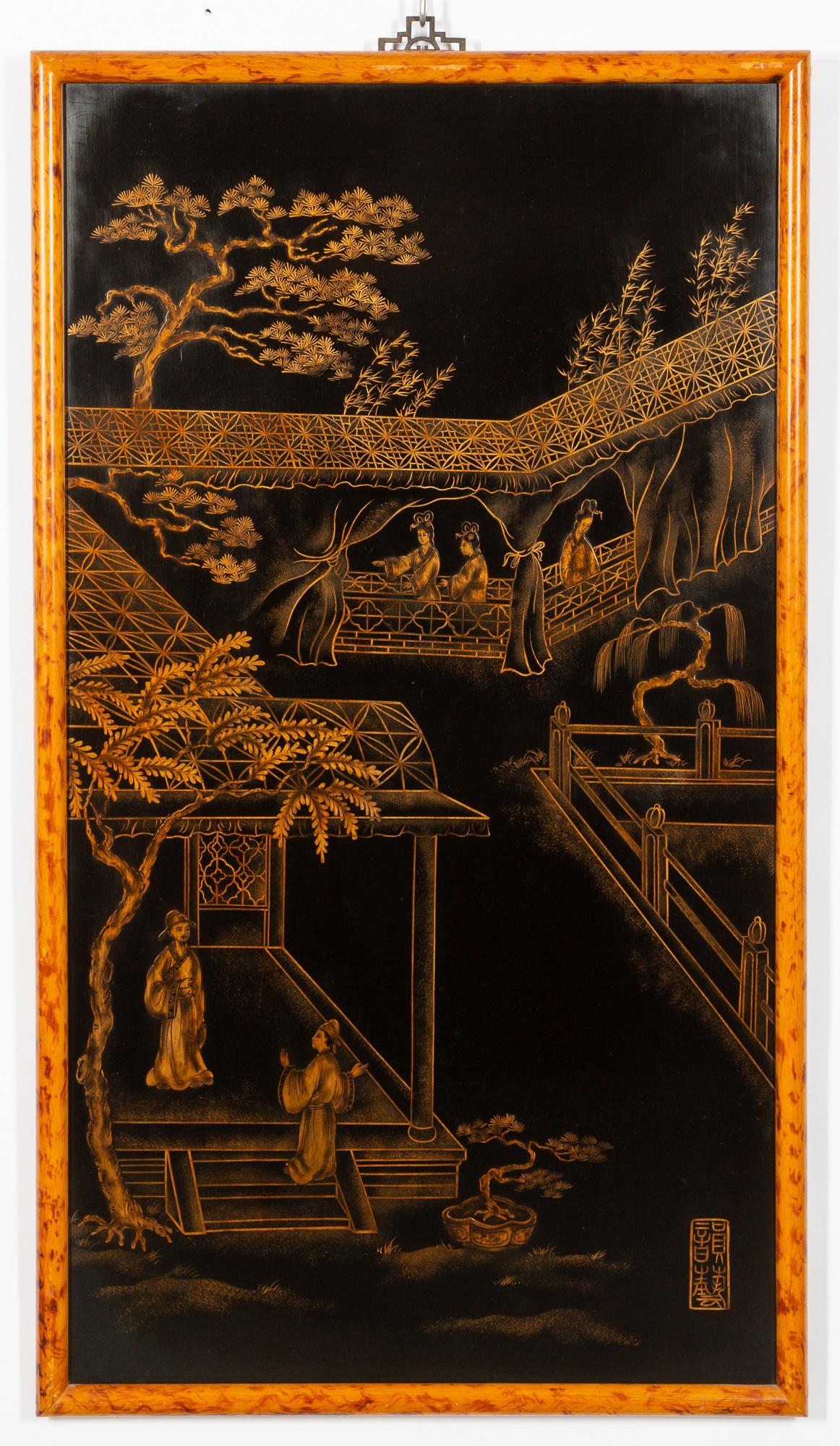Chinese Hand-Painted & Gilt Decorated Chinoiserie Panels Hanging Wall Art Work For Sale