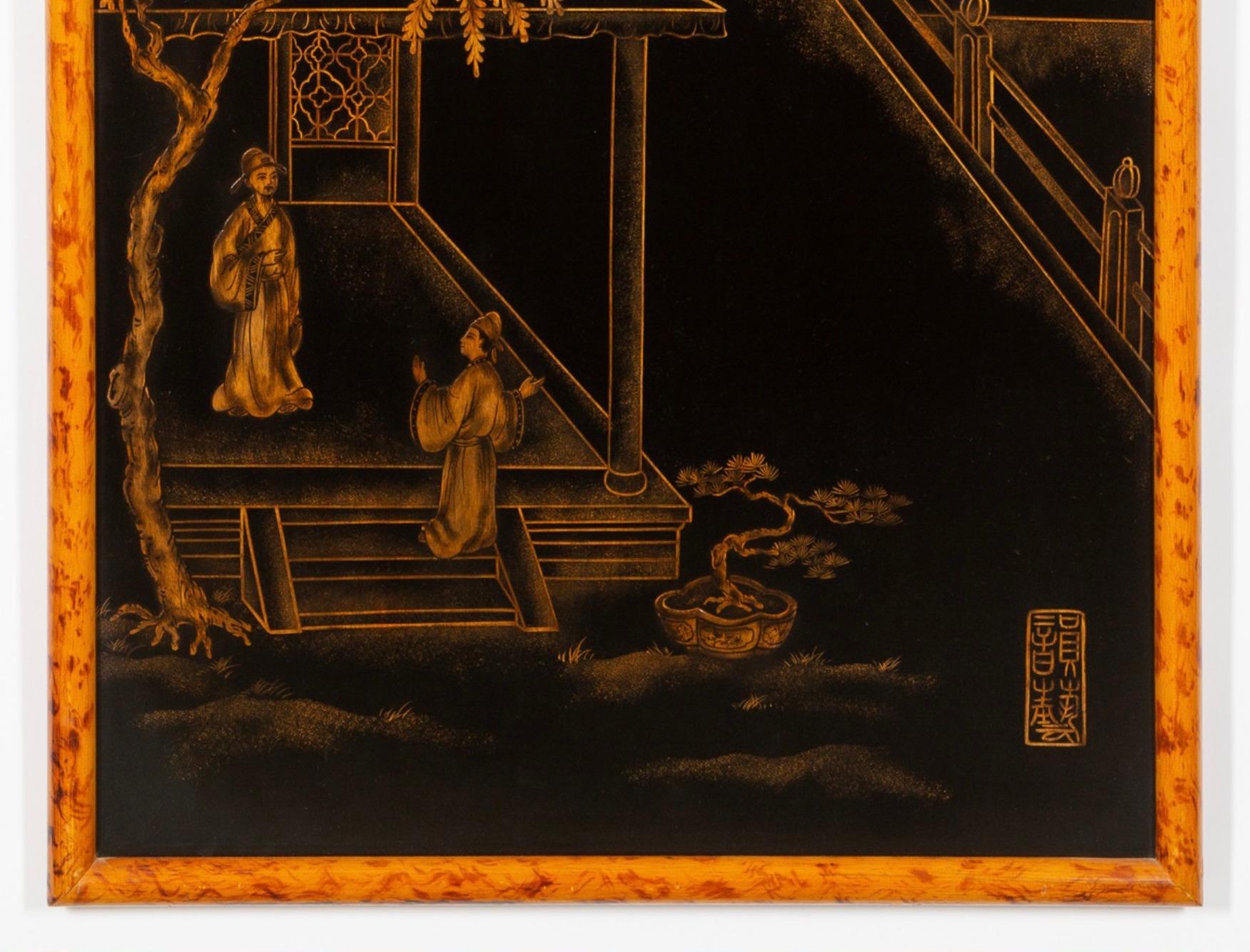 Late 20th Century Hand-Painted & Gilt Decorated Chinoiserie Panels Hanging Wall Art Work For Sale