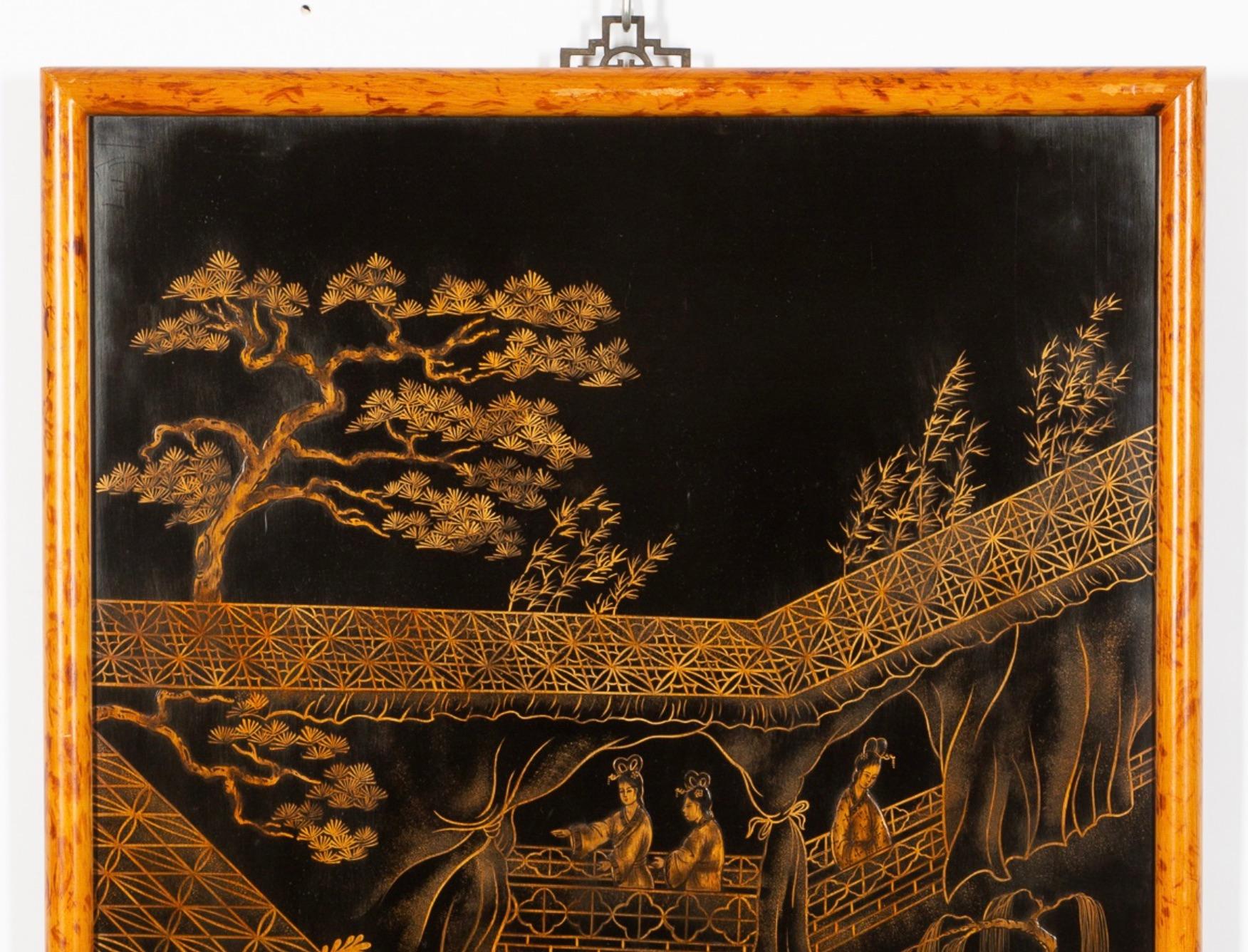 Wood Hand-Painted & Gilt Decorated Chinoiserie Panels Hanging Wall Art Work For Sale