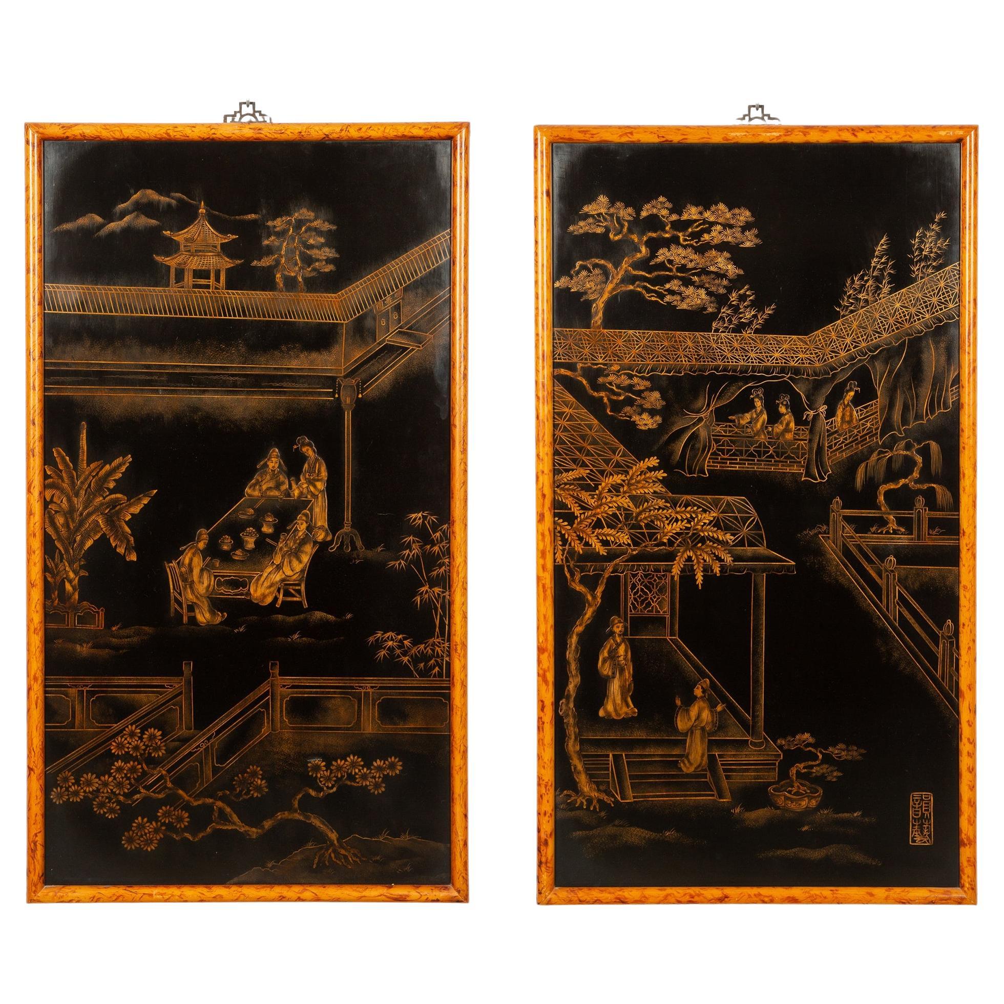 Hand-Painted & Gilt Decorated Chinoiserie Panels Hanging Wall Art Work