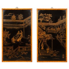 Hand-Painted & Gilt Decorated Chinoiserie Panels Hanging Wall Art Work
