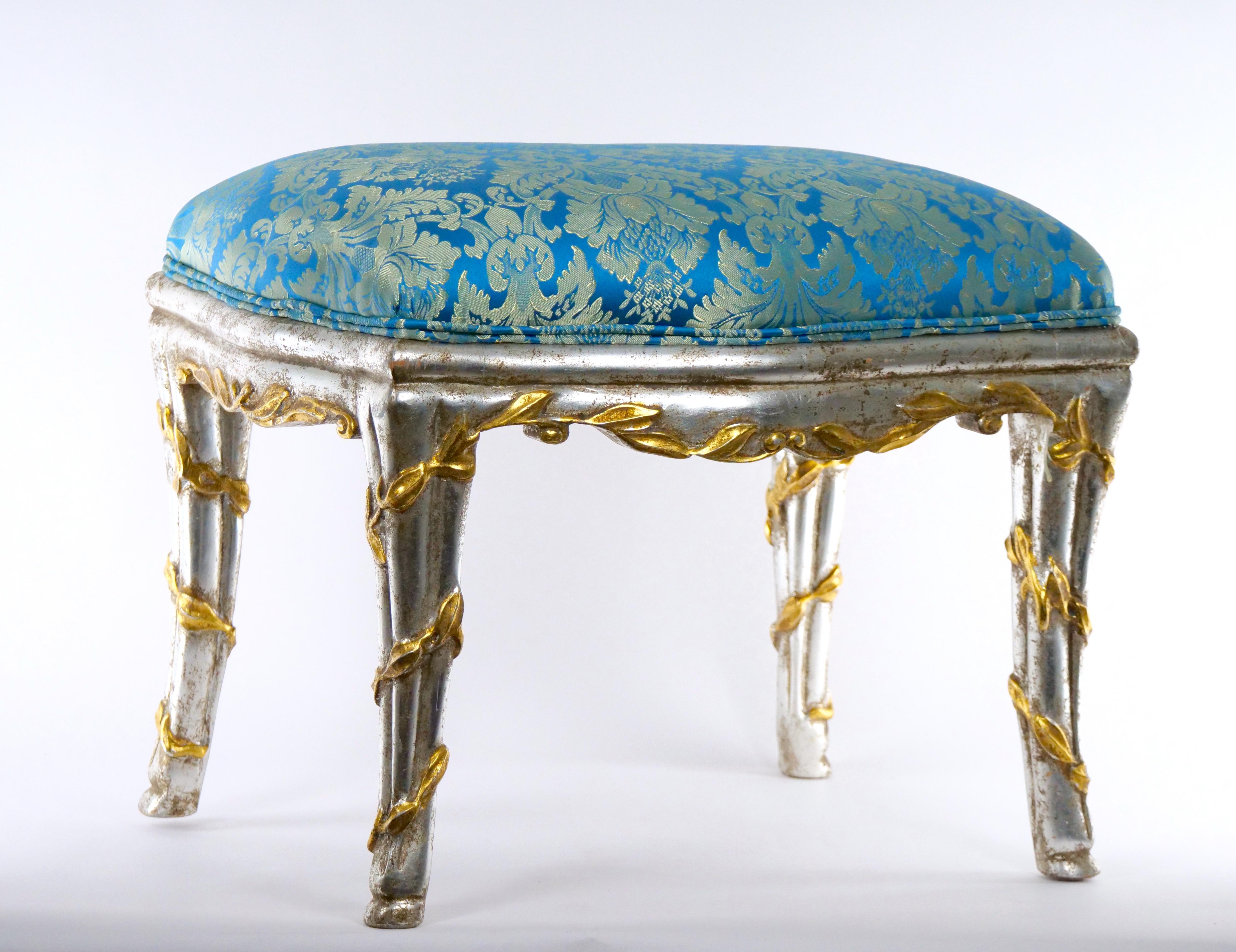 Louis XVI Hand Painted / Gilt Wood Frame Small Seating Bench For Sale