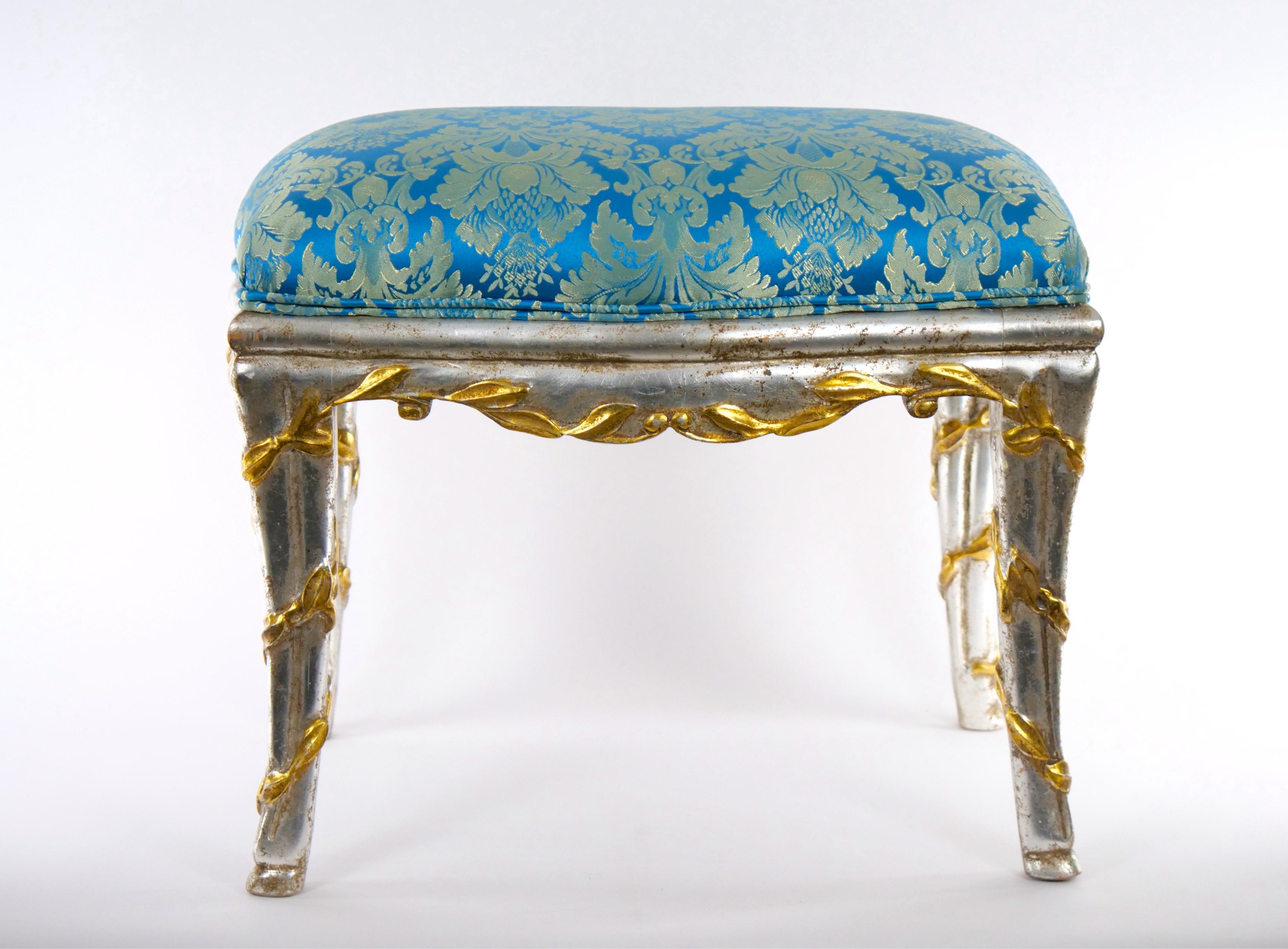 Hand-Carved Hand Painted / Gilt Wood Frame Small Seating Bench For Sale