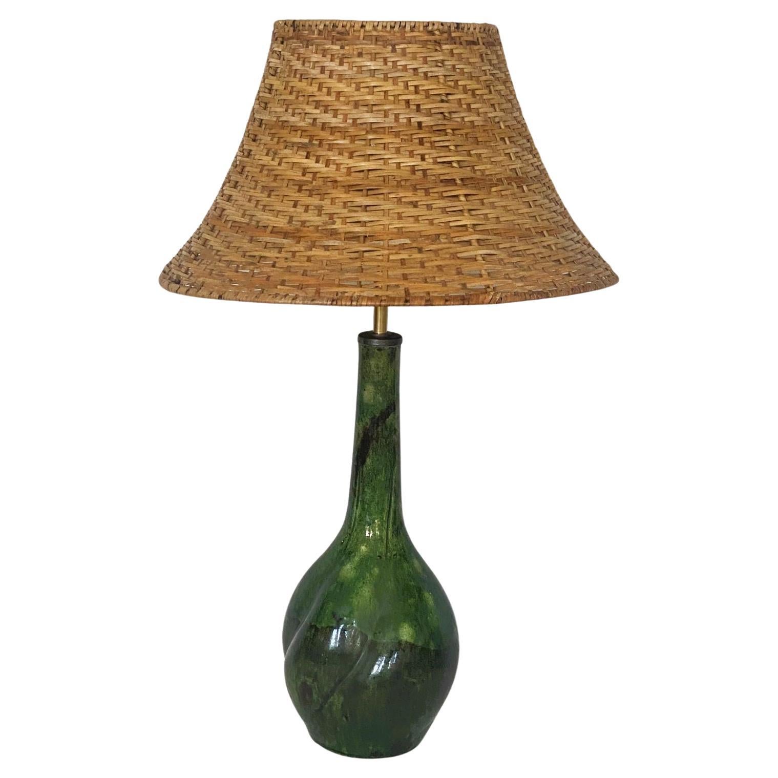 Danish Hand-Painted Glased Ceramic Table Lamp with Wicker Shade, 1960s For Sale