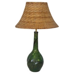 Danish Hand-Painted Glased Ceramic Table Lamp with Wicker Shade, 1960s