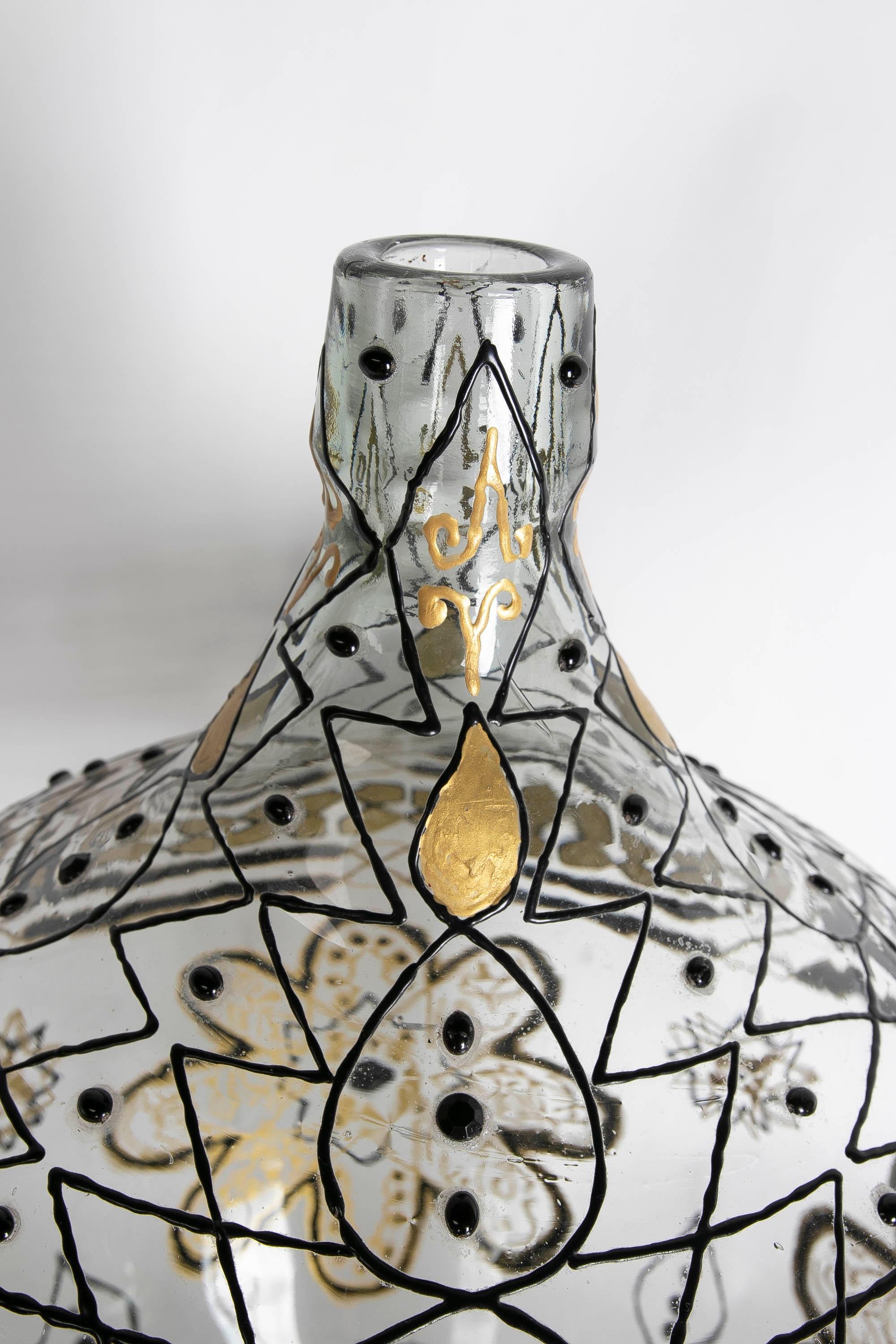 Hand Painted Glass Bottle with Geometrical Shapes and Flowers in Red and Gold For Sale 5