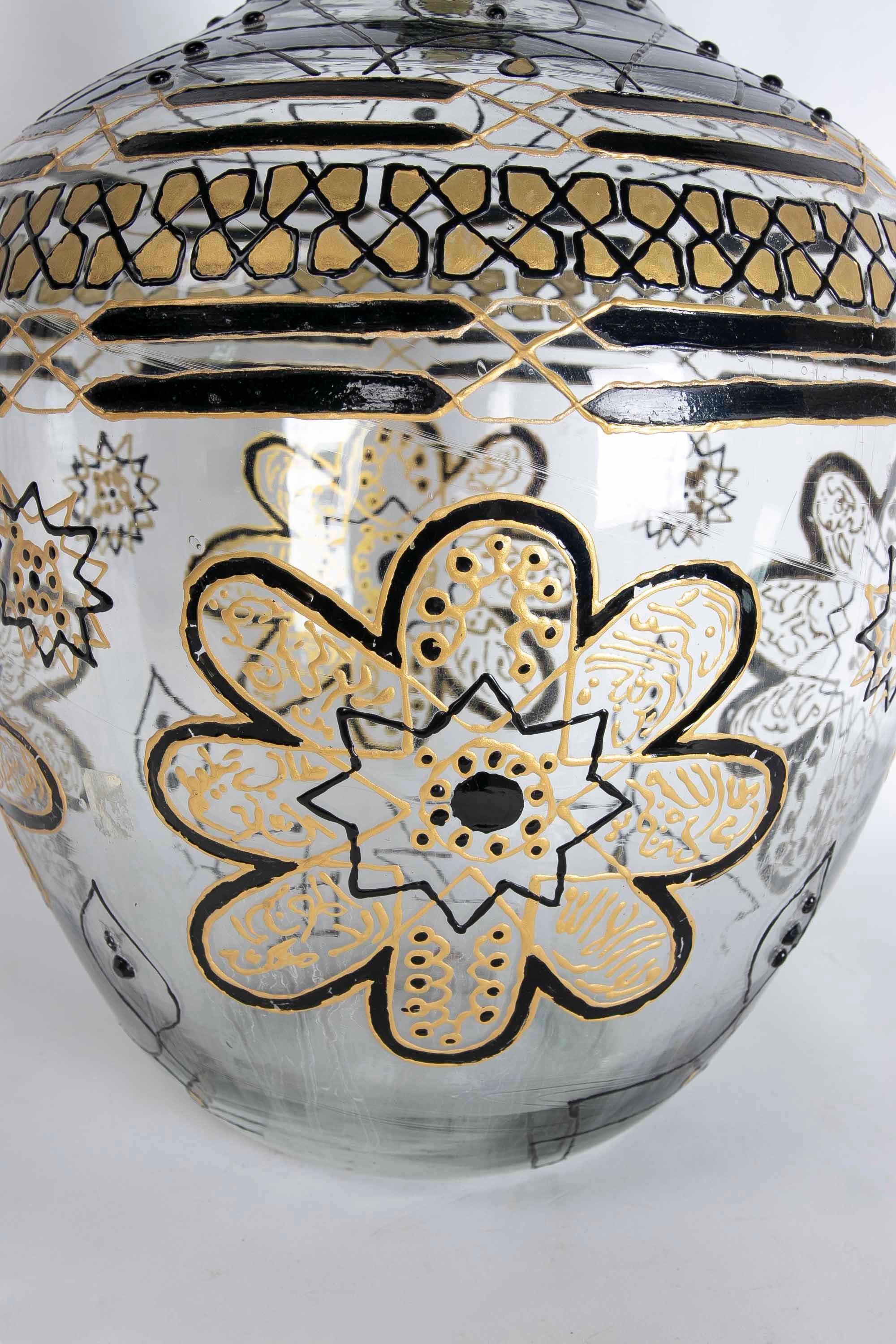 Hand Painted Glass Bottle with Geometrical Shapes and Flowers in Red and Gold For Sale 6