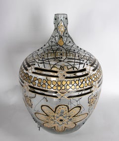 Hand Painted Glass Bottle with Geometrical Shapes and Flowers in Red and Gold