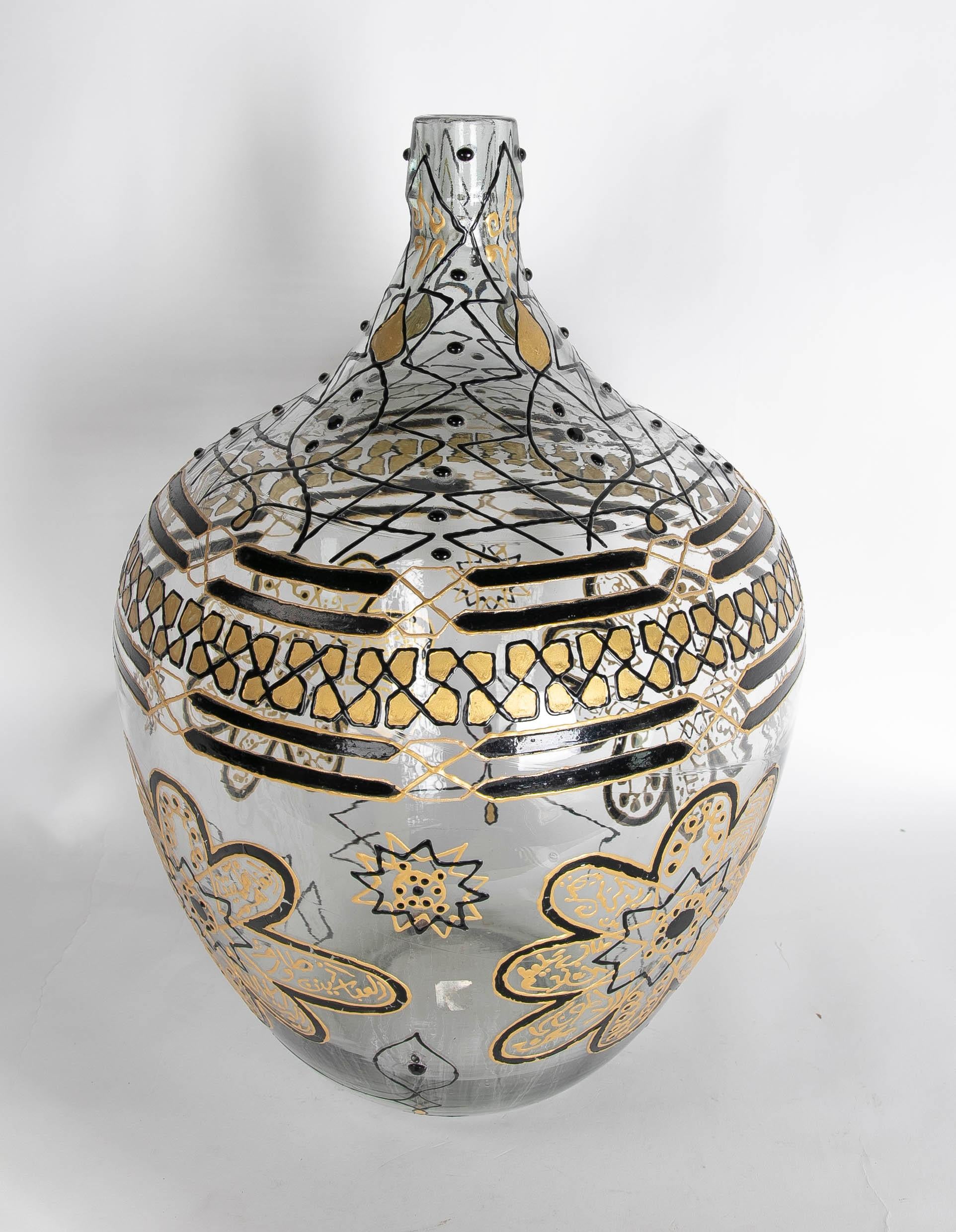 European Hand Painted Glass Bottle with Geometrical Shapes and Flowers in Red and Gold For Sale