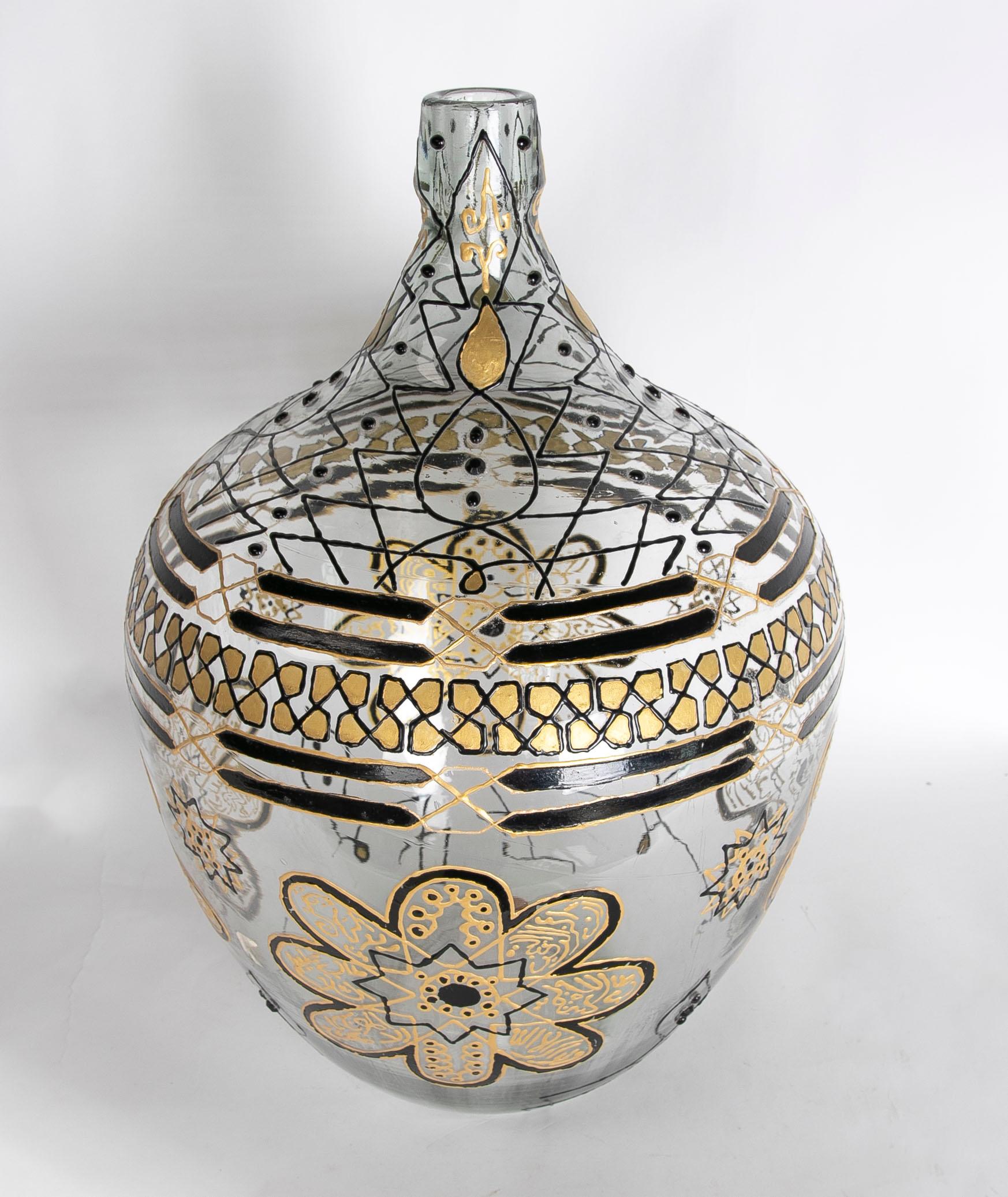 20th Century Hand Painted Glass Bottle with Geometrical Shapes and Flowers in Red and Gold For Sale