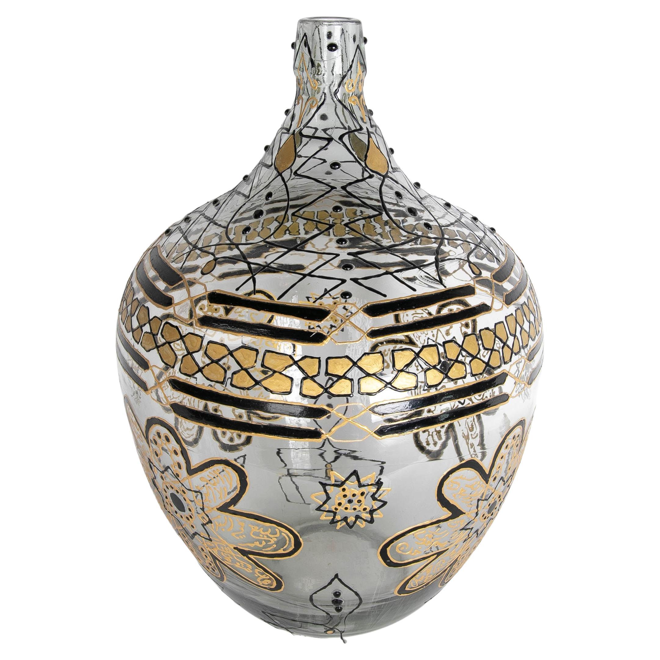Hand Painted Glass Bottle with Geometrical Shapes and Flowers in Red and Gold For Sale