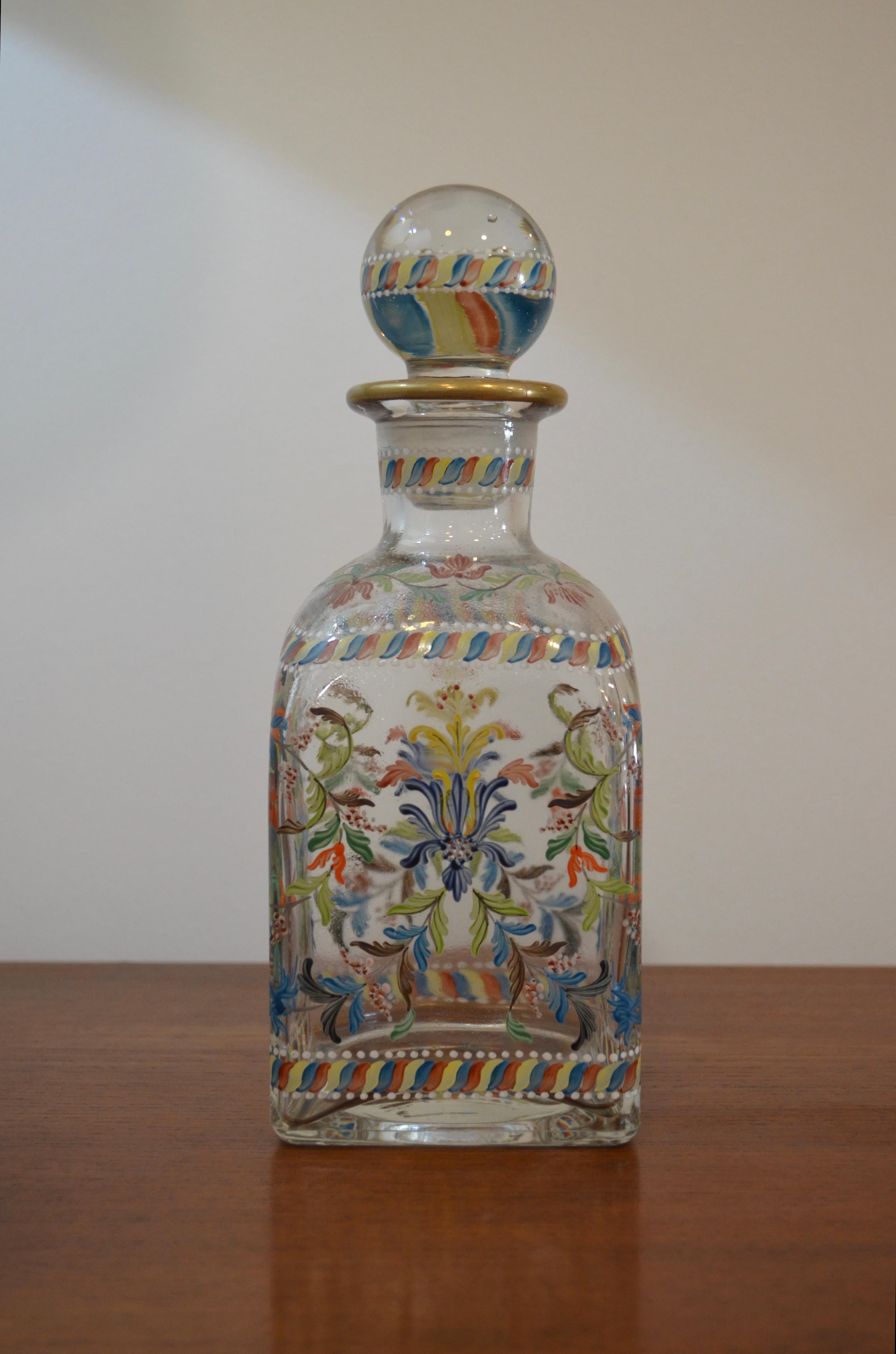 Decantador de vidrio pintado a mano, Portugal, años 50 en Bueno estado para la venta en Marinha Grande, PT