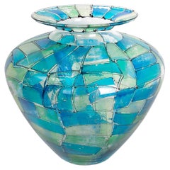 Hand Painted Glass Vase with Wide Mouth Painted in Blue and Green Tones