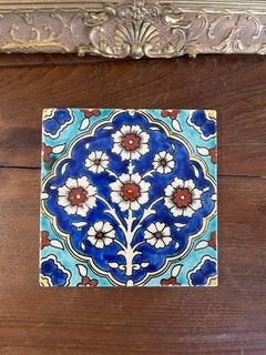 Hand-Painted Glazed Ceramic Tile w/ Ottoman Floral Motif in Cobalt and Turquois.
