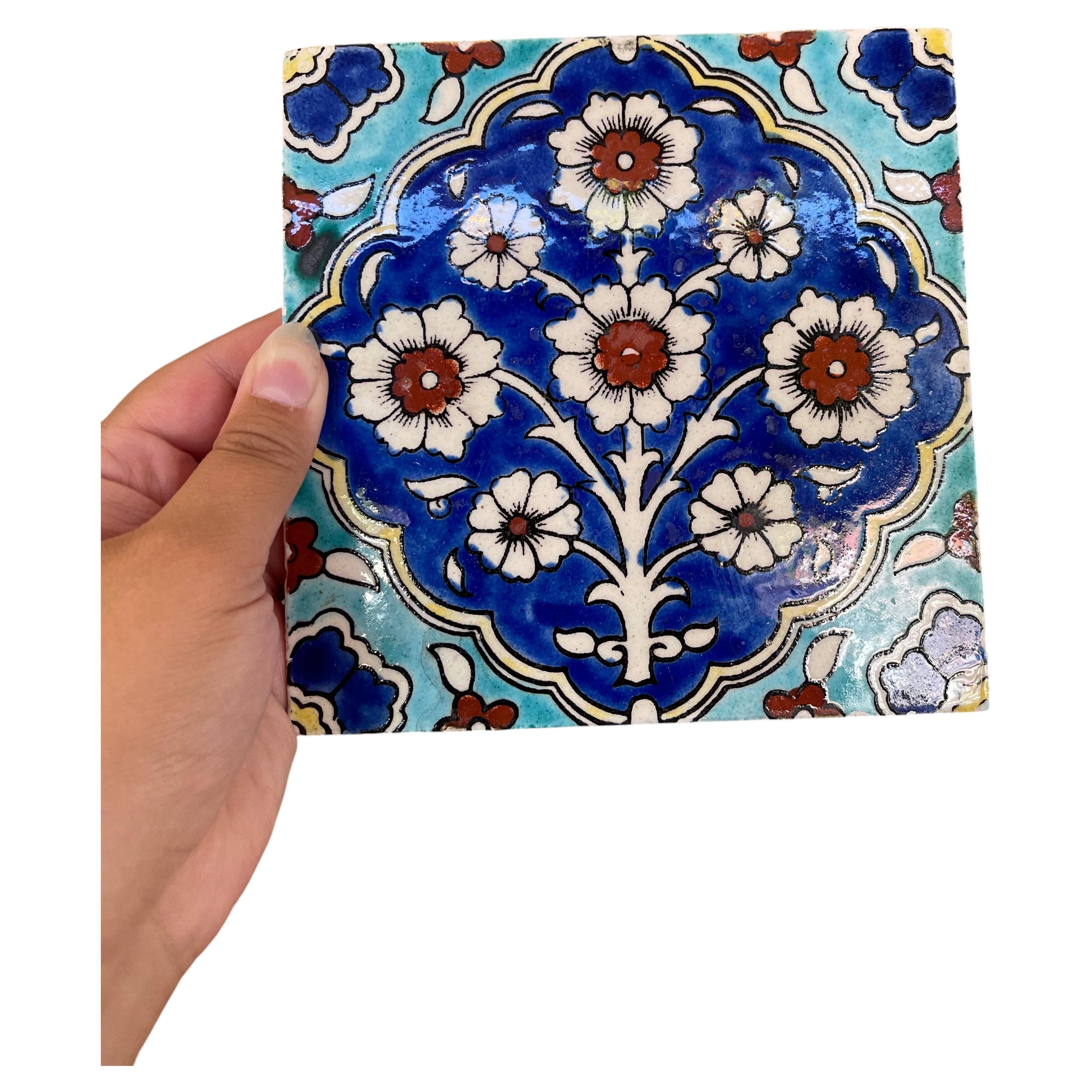 Hand-Painted Glazed Ceramic Tile w/ Ottoman Floral Motif in Cobalt and Turquois.