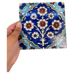 Hand-Painted Glazed Ceramic Tile w/ Ottoman Floral Motif in Cobalt and Turquois.
