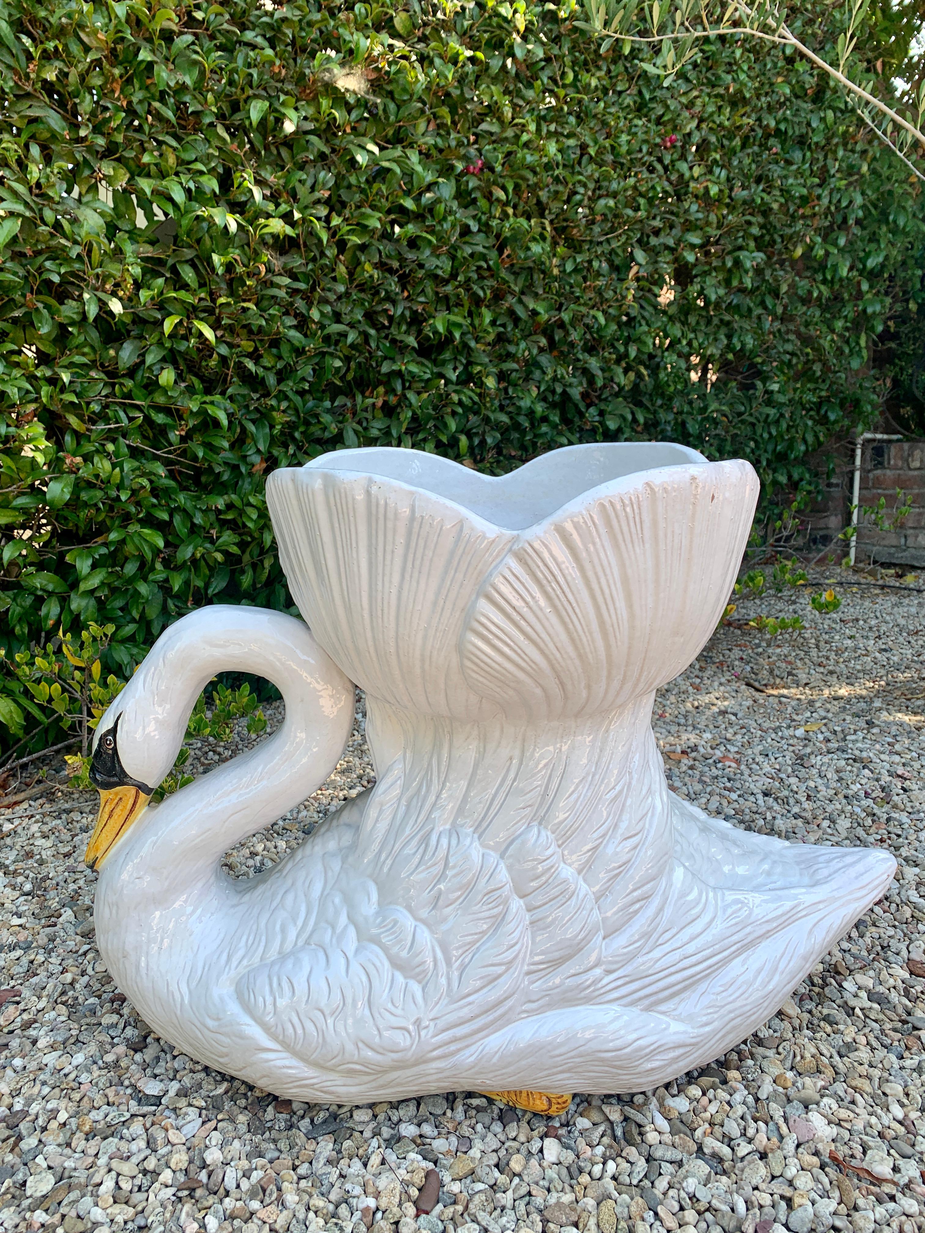 Hand Painted Glazed Italian Terra Cotta Swan Planter Jardiniere For Sale 1