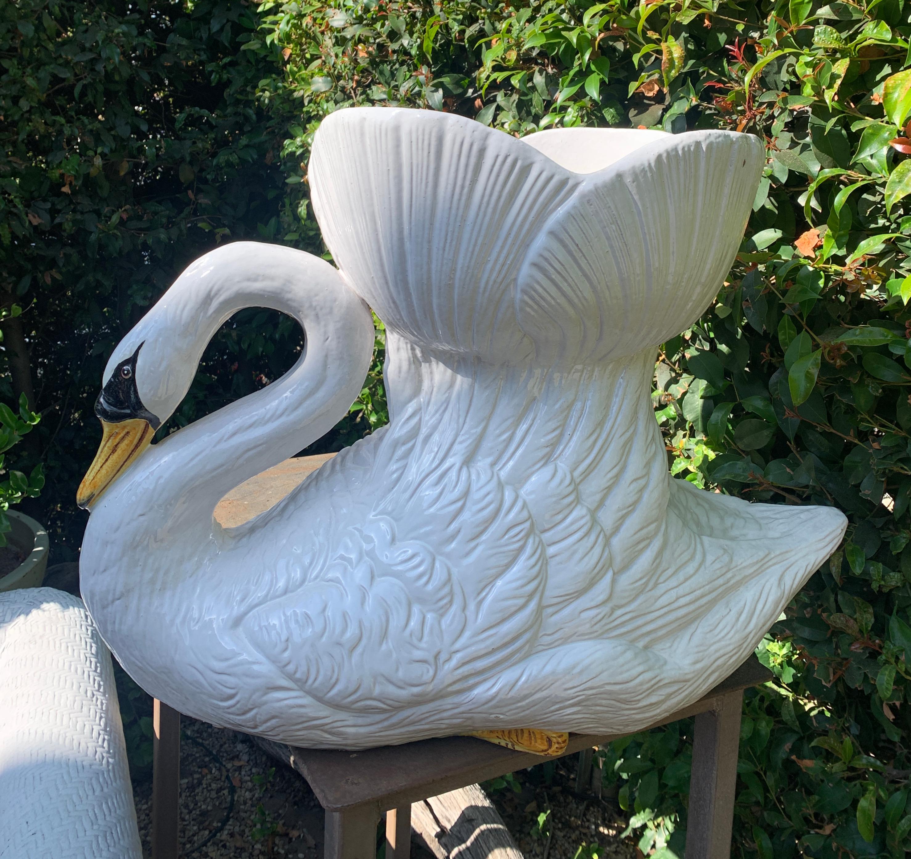 Hand Painted Glazed Italian Terra Cotta Swan Planter Jardiniere For Sale 2