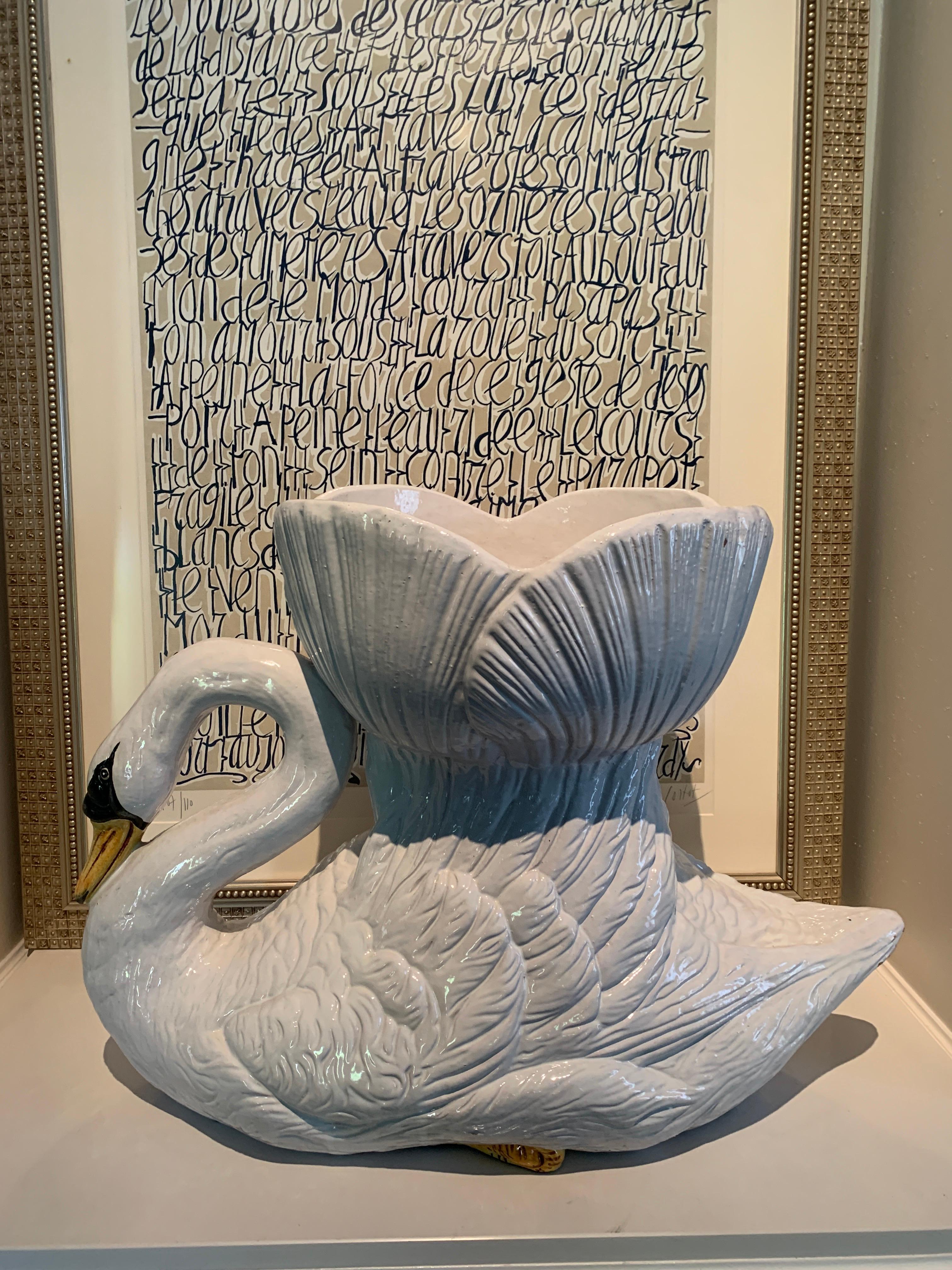 Hand Painted Glazed Italian Terra Cotta Swan Planter Jardiniere For Sale 4