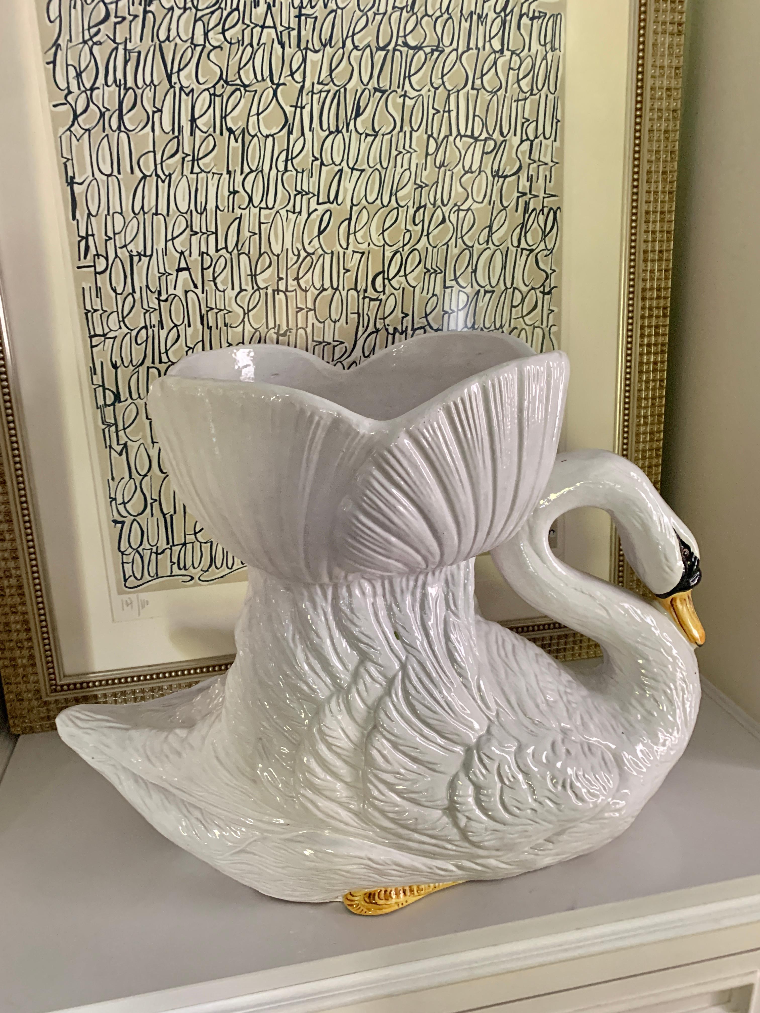 Hand Painted Glazed Italian Terra Cotta Swan Planter Jardiniere In Good Condition For Sale In Los Angeles, CA