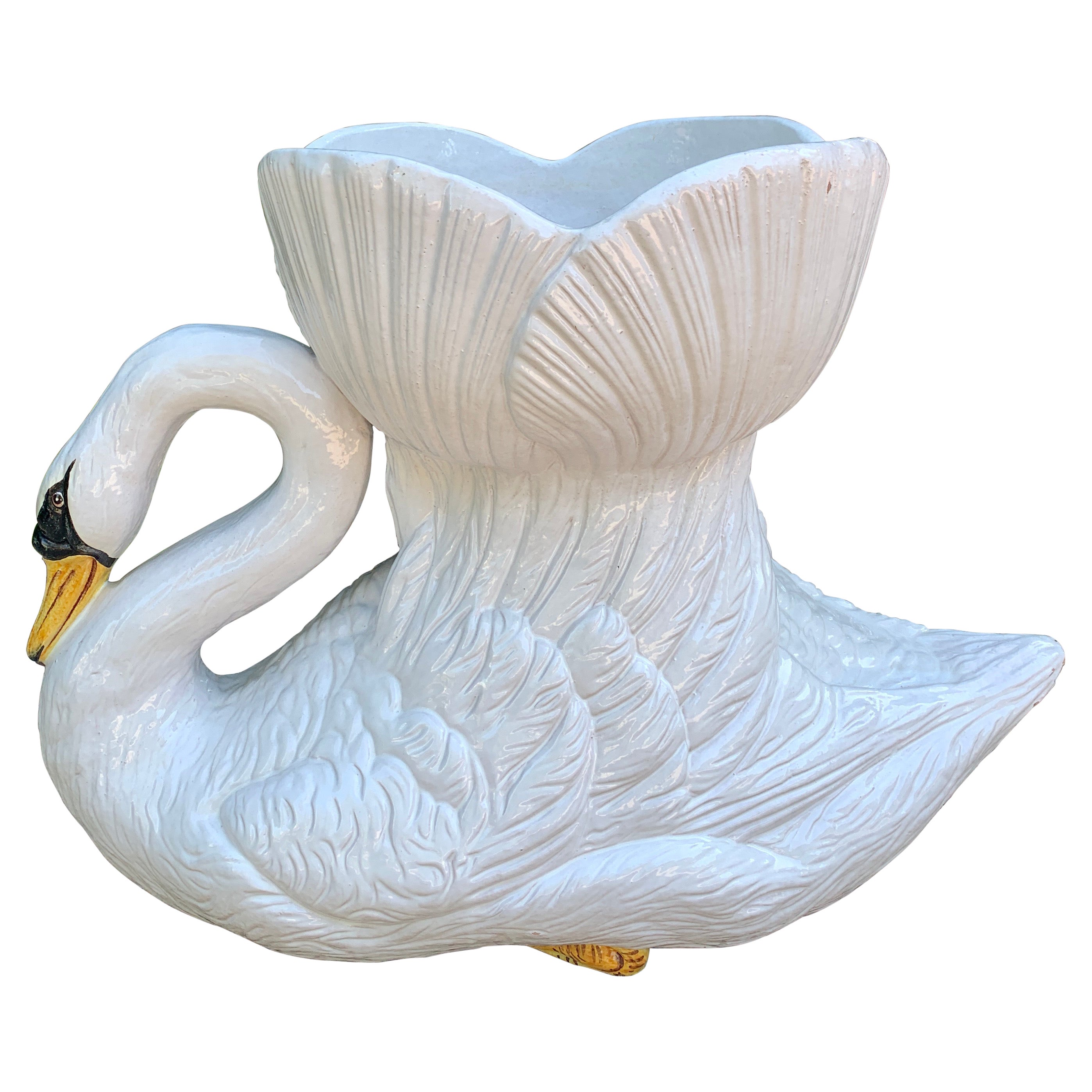 Jardinière italienne de cygne en terre cuite émaillée peinte à la main