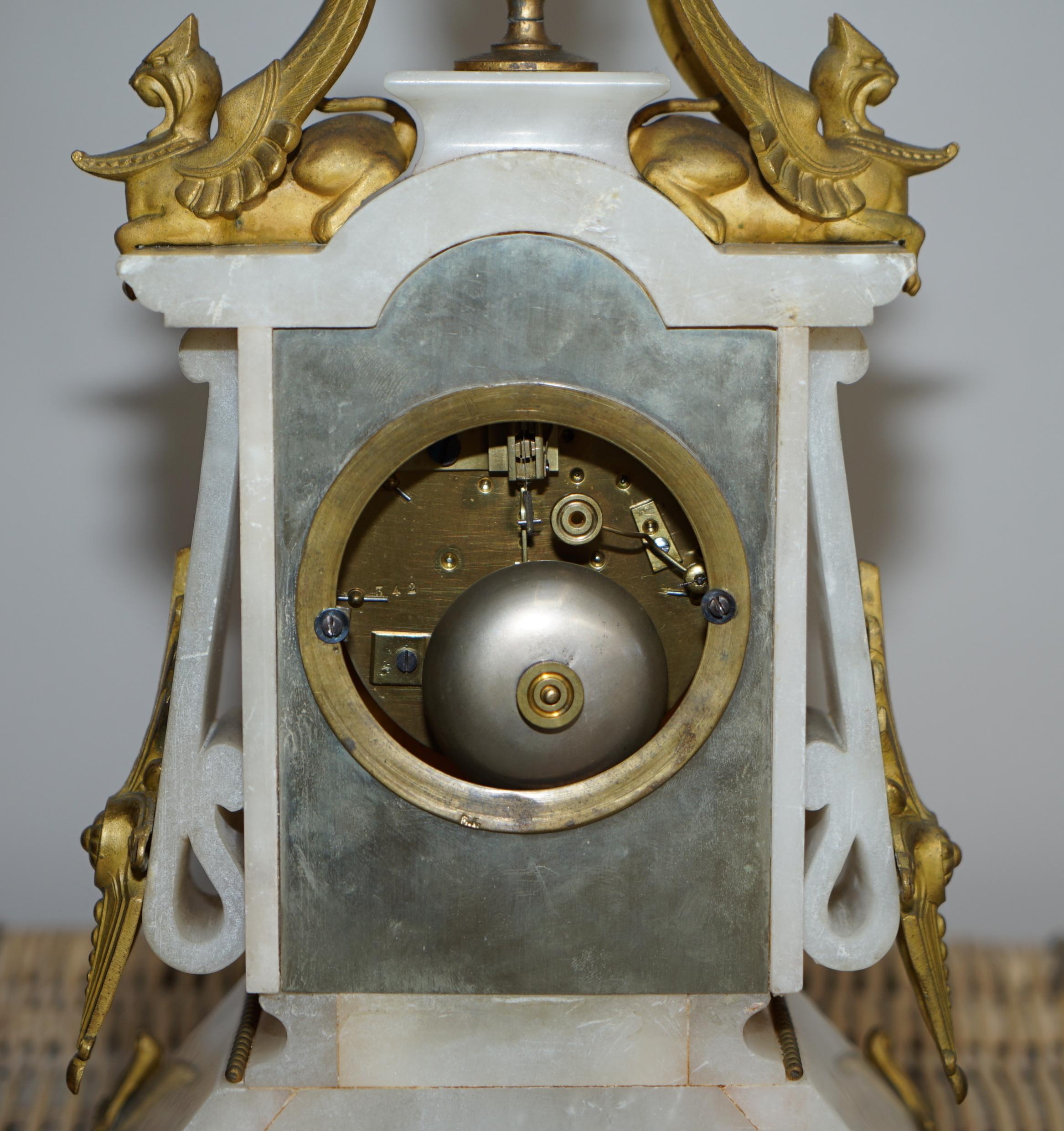 Hand Painted & Gold Gilt French circa 1850 Victorian Alabaster Mantle Clock 9