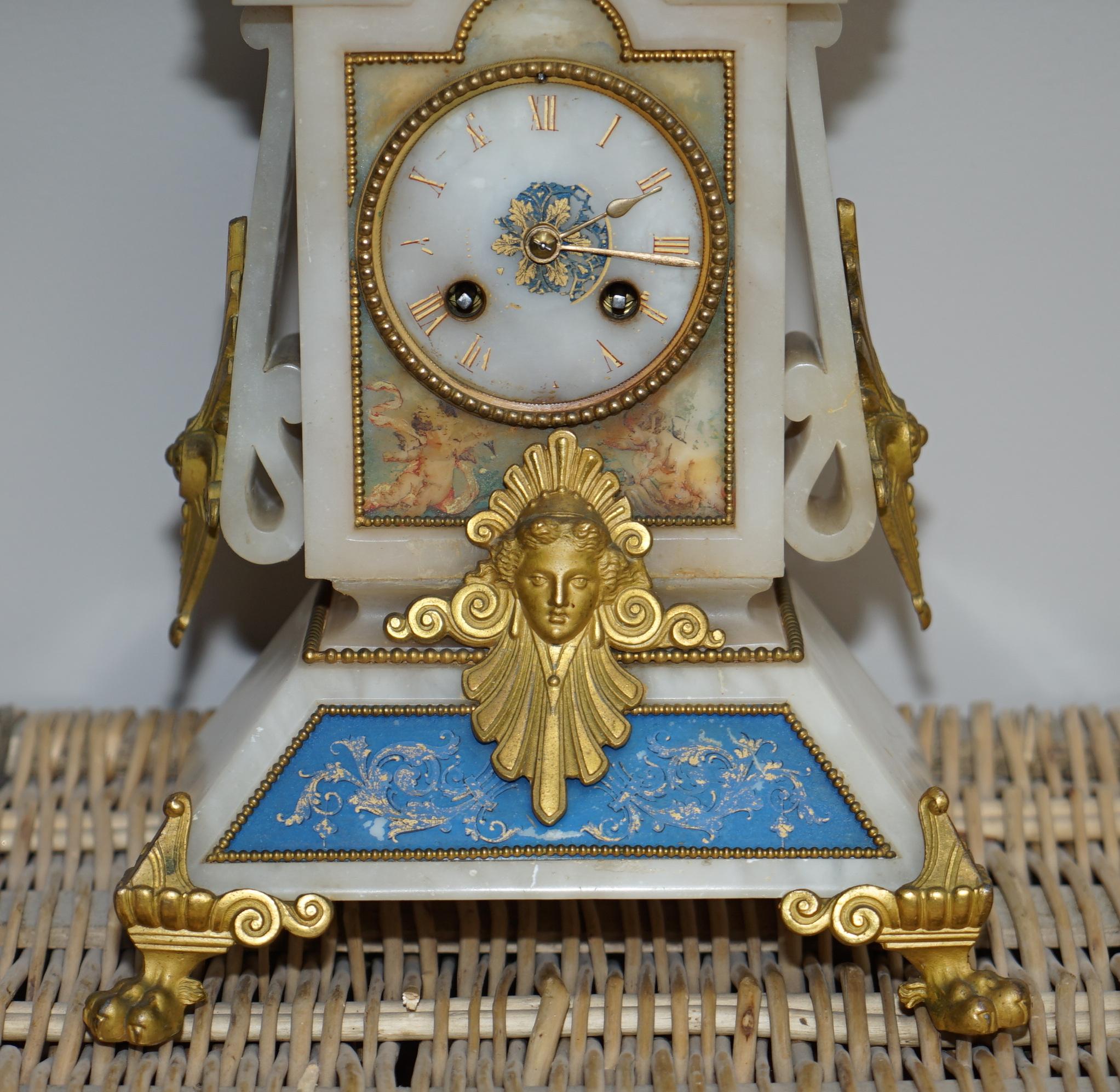 English Hand Painted & Gold Gilt French circa 1850 Victorian Alabaster Mantle Clock
