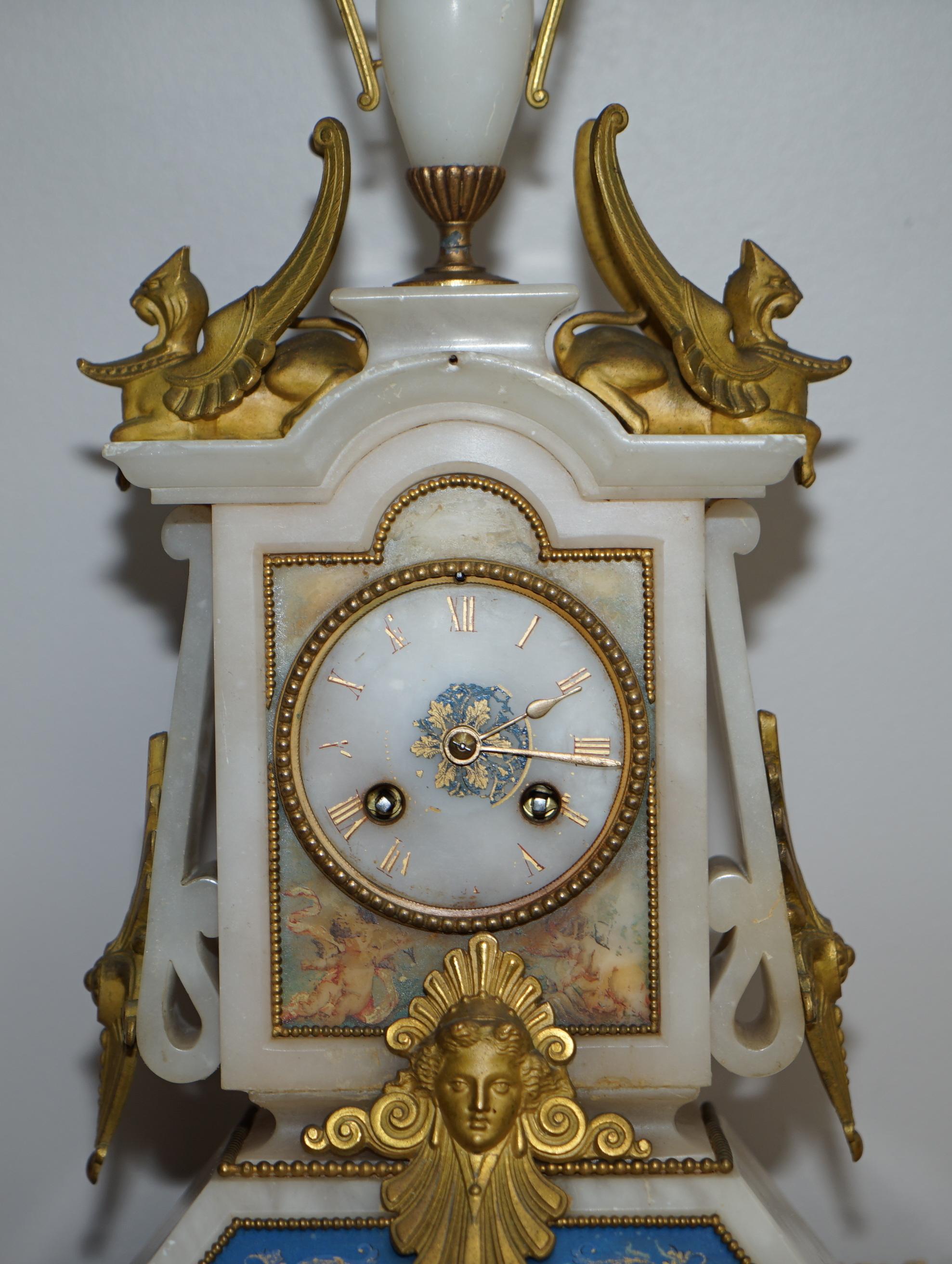Hand-Crafted Hand Painted & Gold Gilt French circa 1850 Victorian Alabaster Mantle Clock