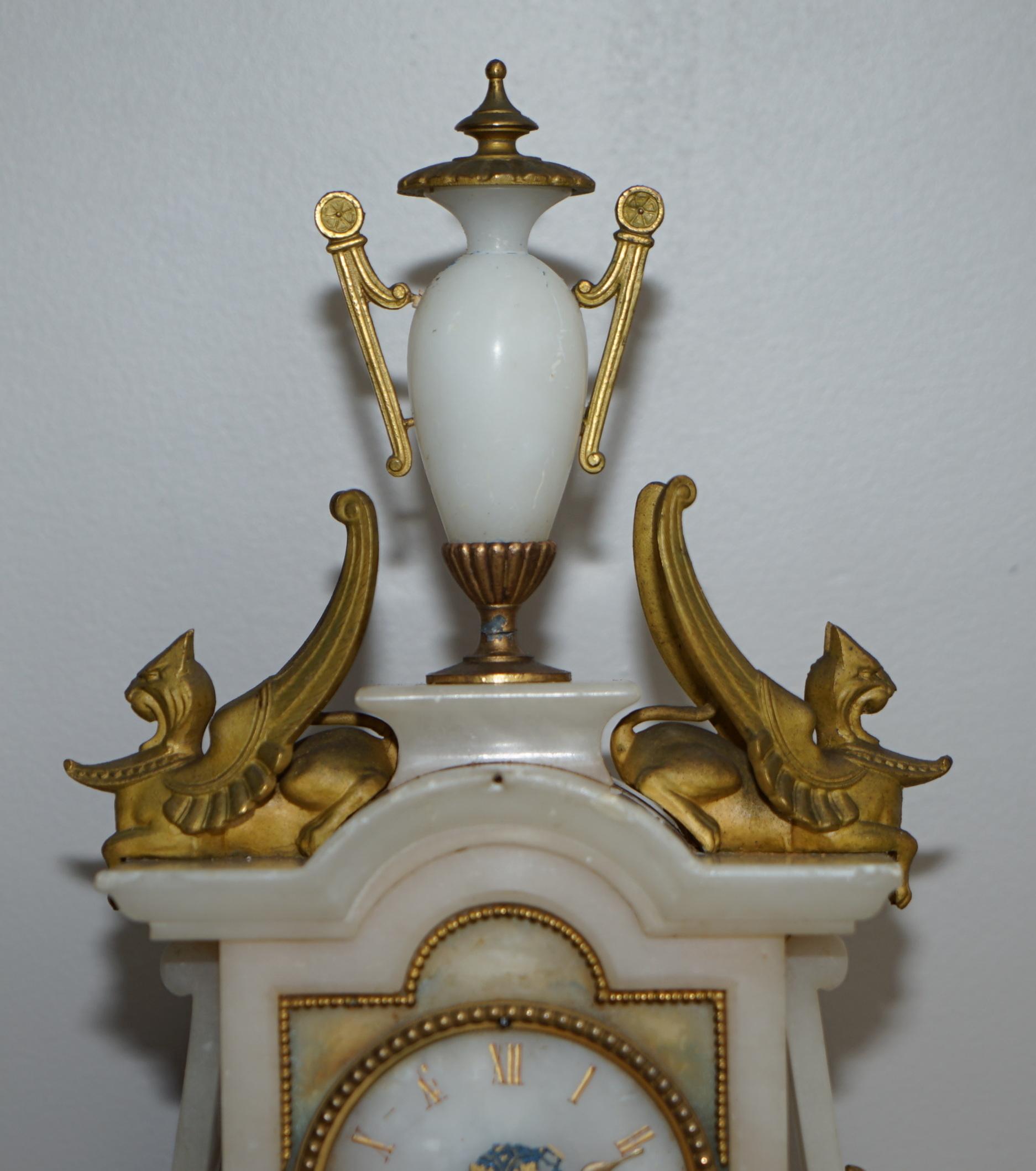 19th Century Hand Painted & Gold Gilt French circa 1850 Victorian Alabaster Mantle Clock