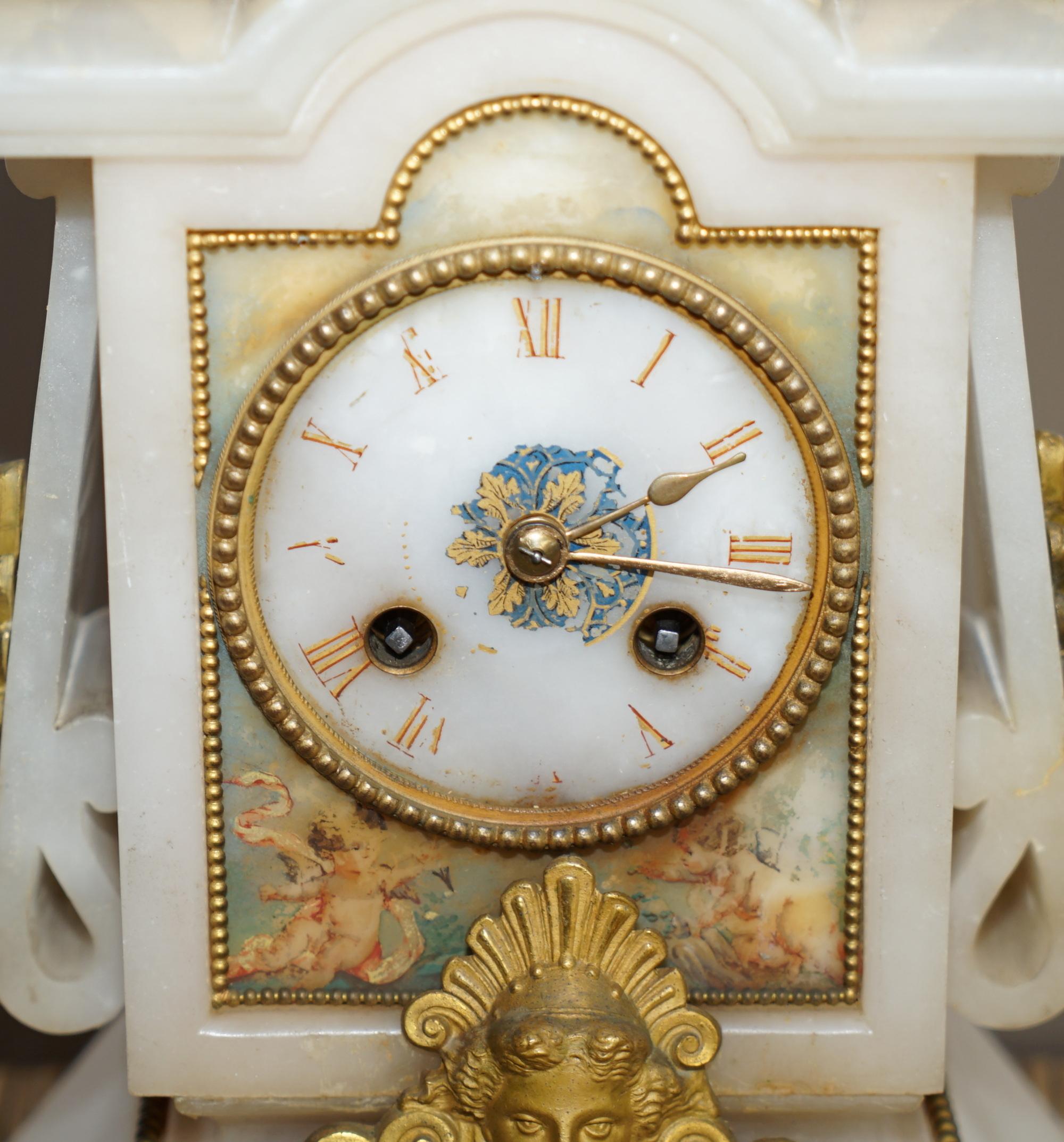 Hand Painted & Gold Gilt French circa 1850 Victorian Alabaster Mantle Clock 3