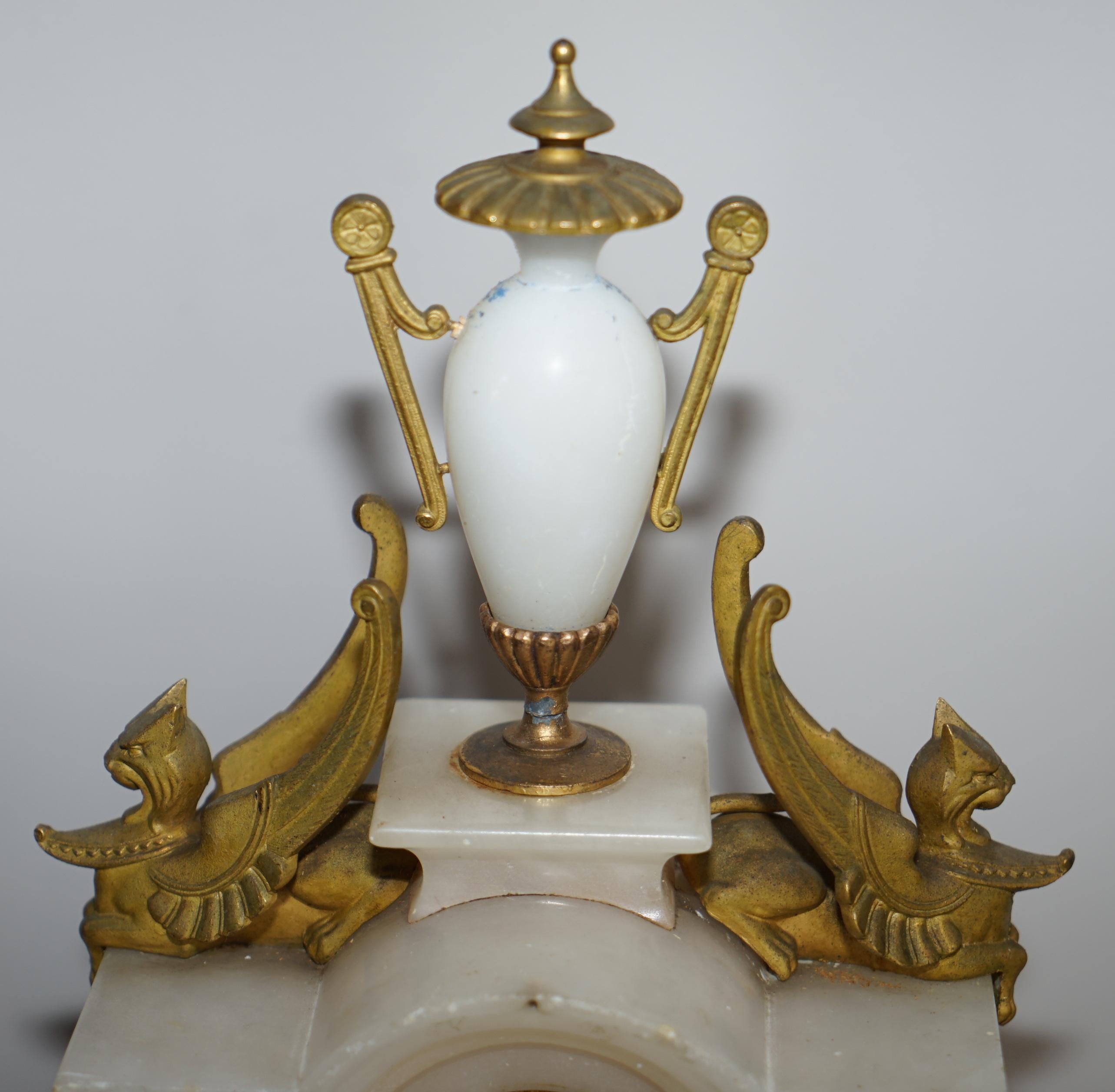 Hand Painted & Gold Gilt French circa 1850 Victorian Alabaster Mantle Clock 4