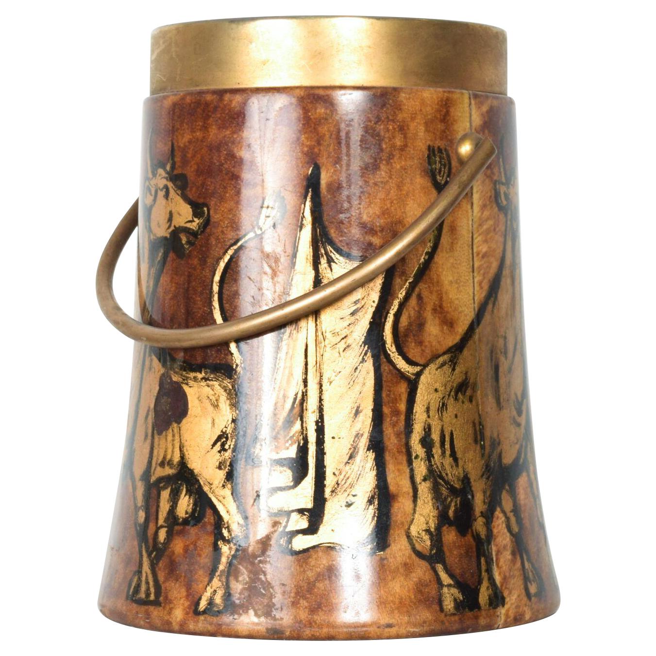 Hand Painted Italian Bull Gold Toro Ice Bucket by Aldo Tura, 1950s Italy