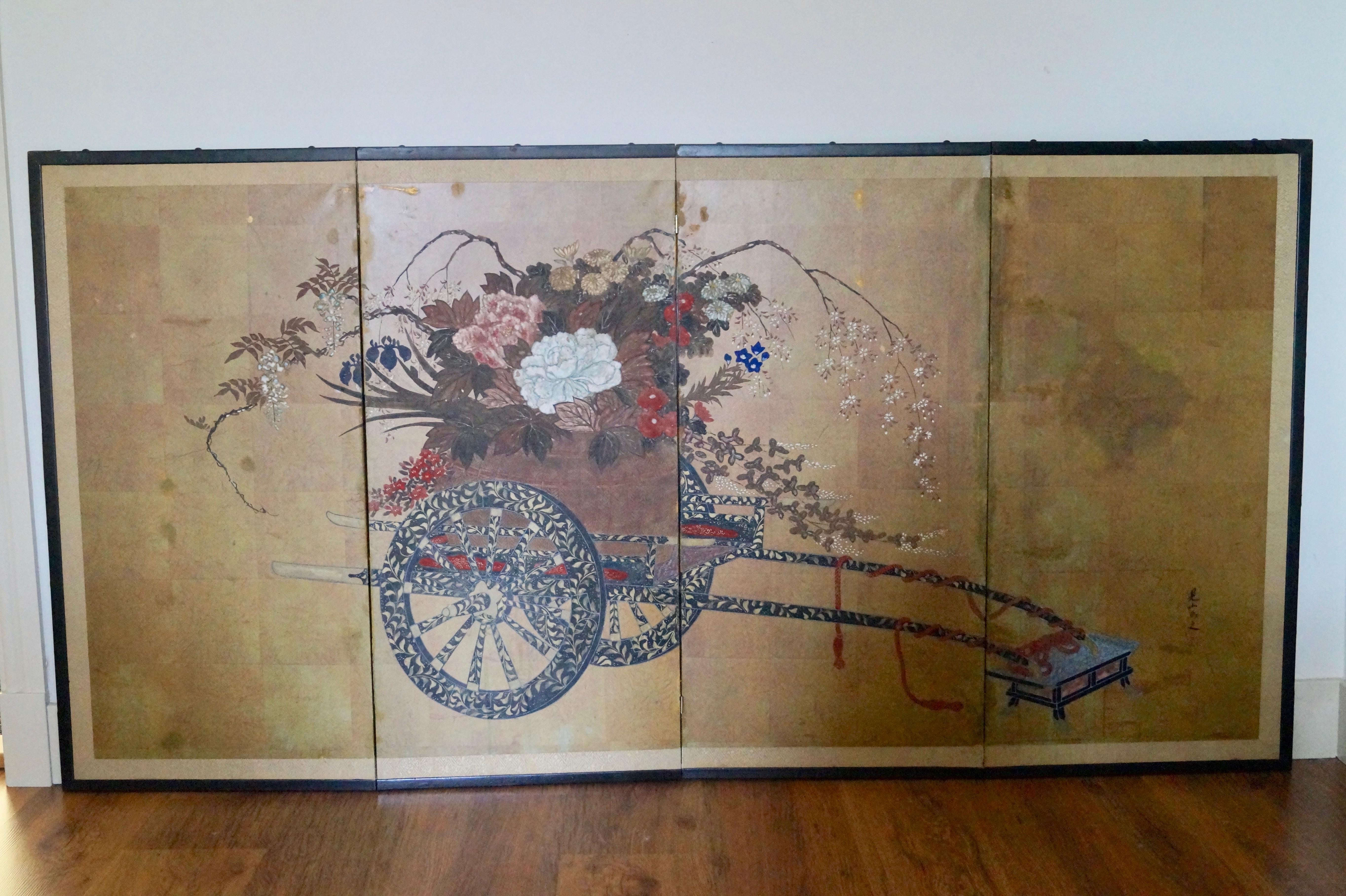Handbemalter goldener chinesischer klappbarer Raumteiler, 1900 (Chinesisch) im Angebot