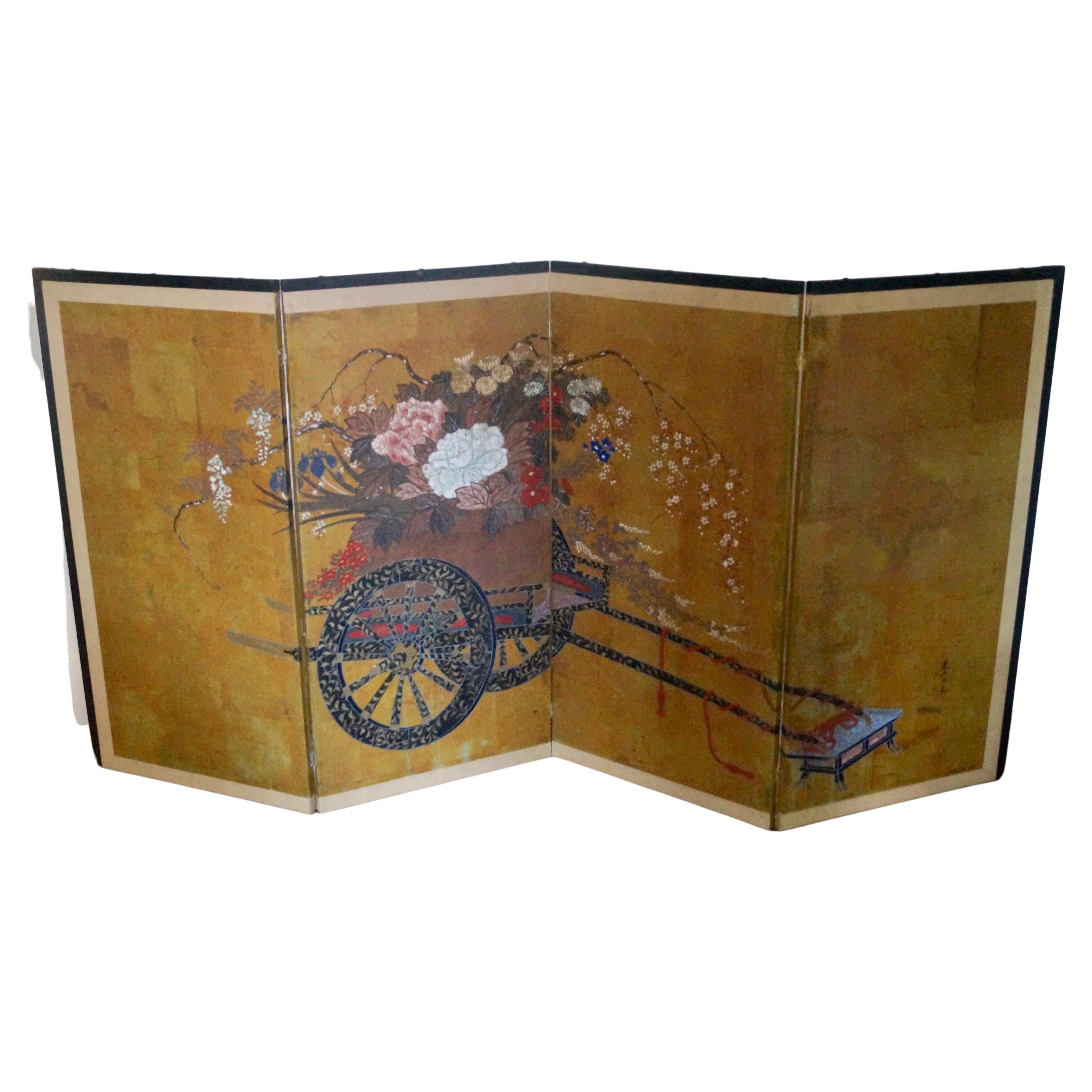 Hand-Painted Golden Chinese Folding Screen, 1900 For Sale