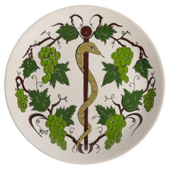 Hand-Painted Greek Ceramic Wall Plate, Grapevine & Rod of Asclepius Motif
