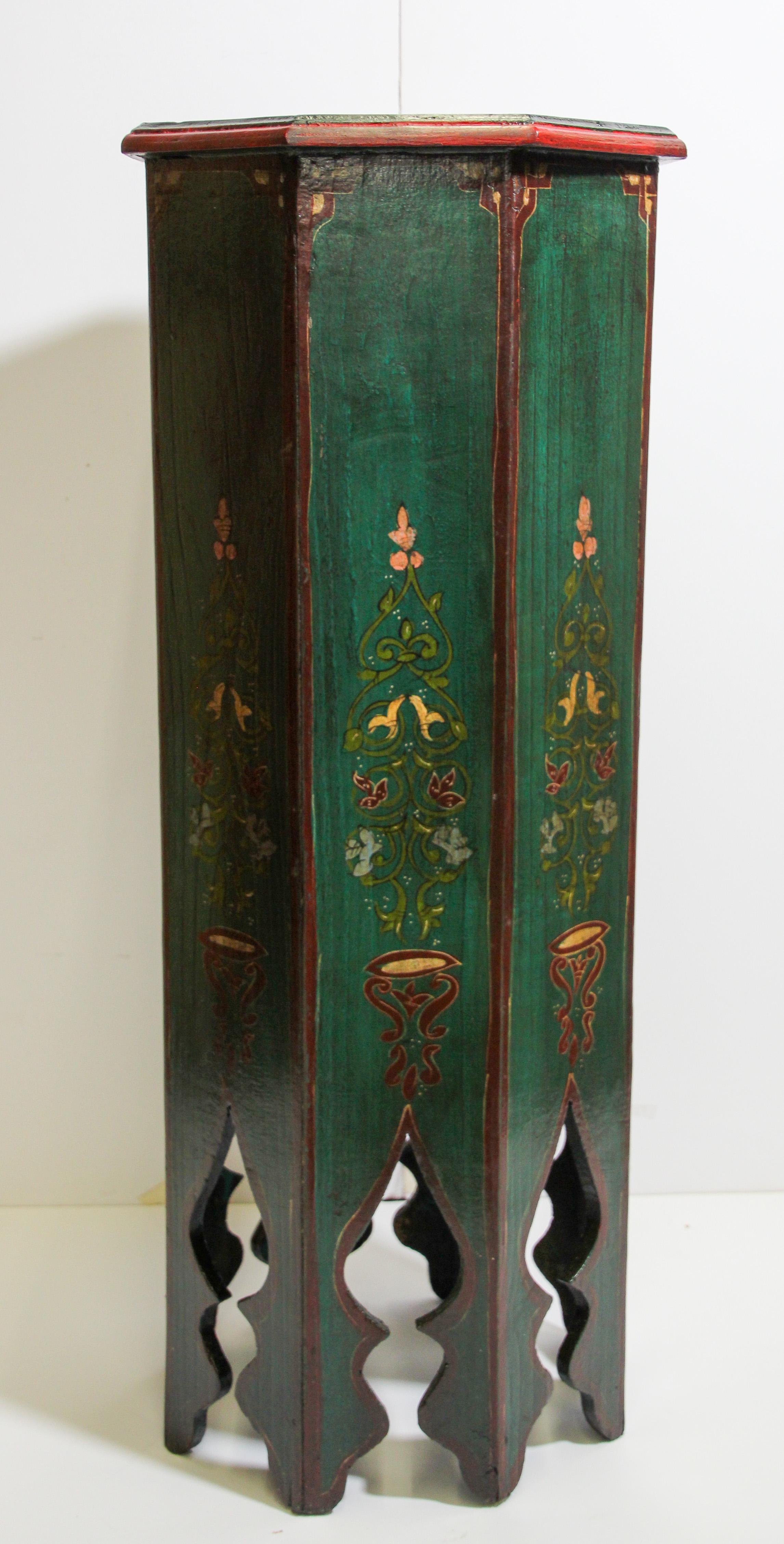 Folk Art Hand Painted Green Moroccan Moorish Pedestal Table