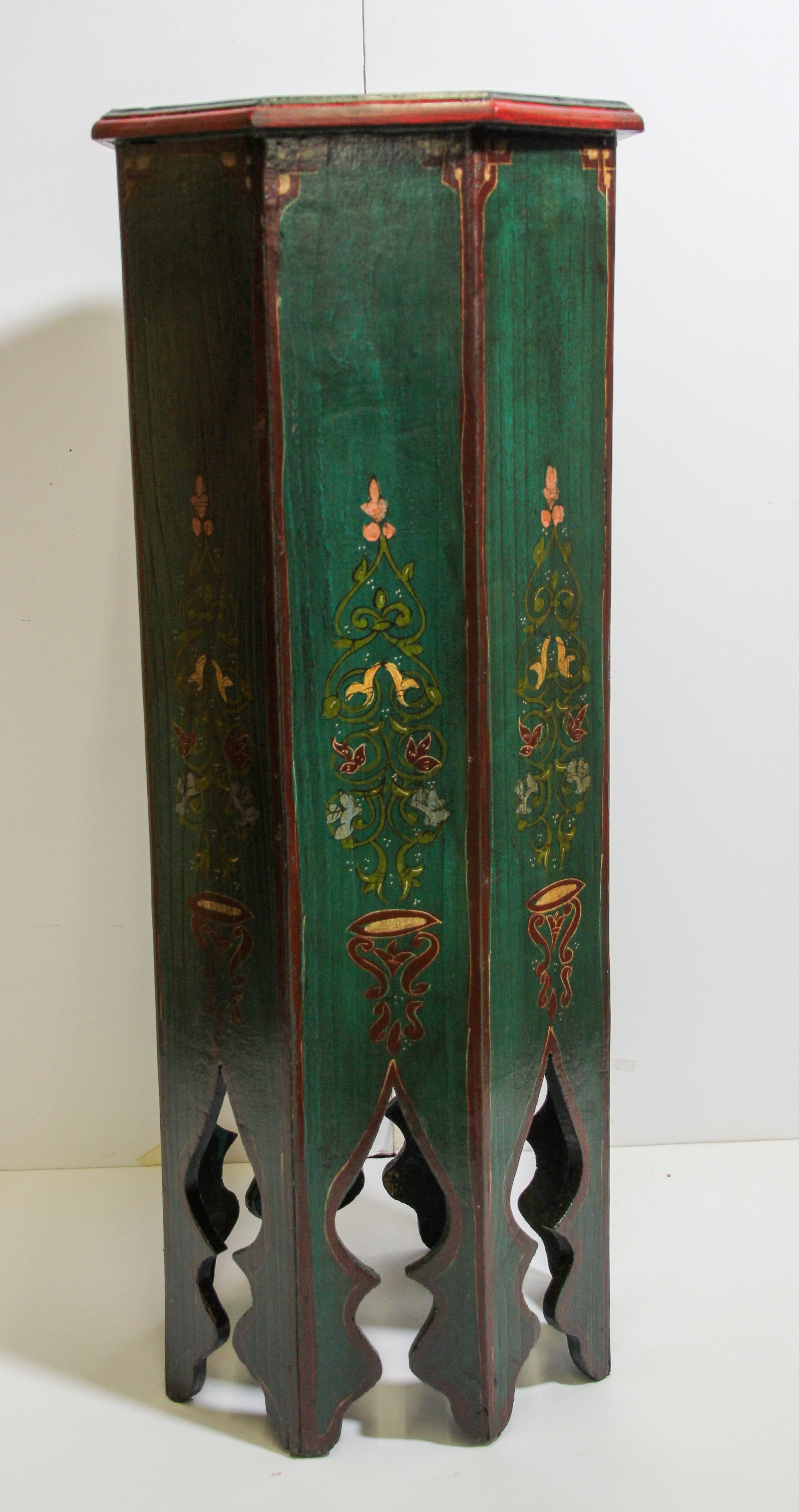 20th Century Hand Painted Green Moroccan Moorish Pedestal Table
