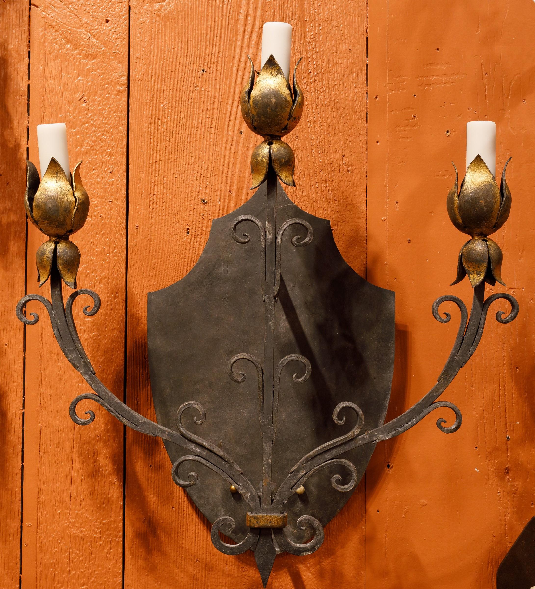 Multiples available. Hand-forged, hand-painted sconce in floral motif. Two color ways available see last picture. 