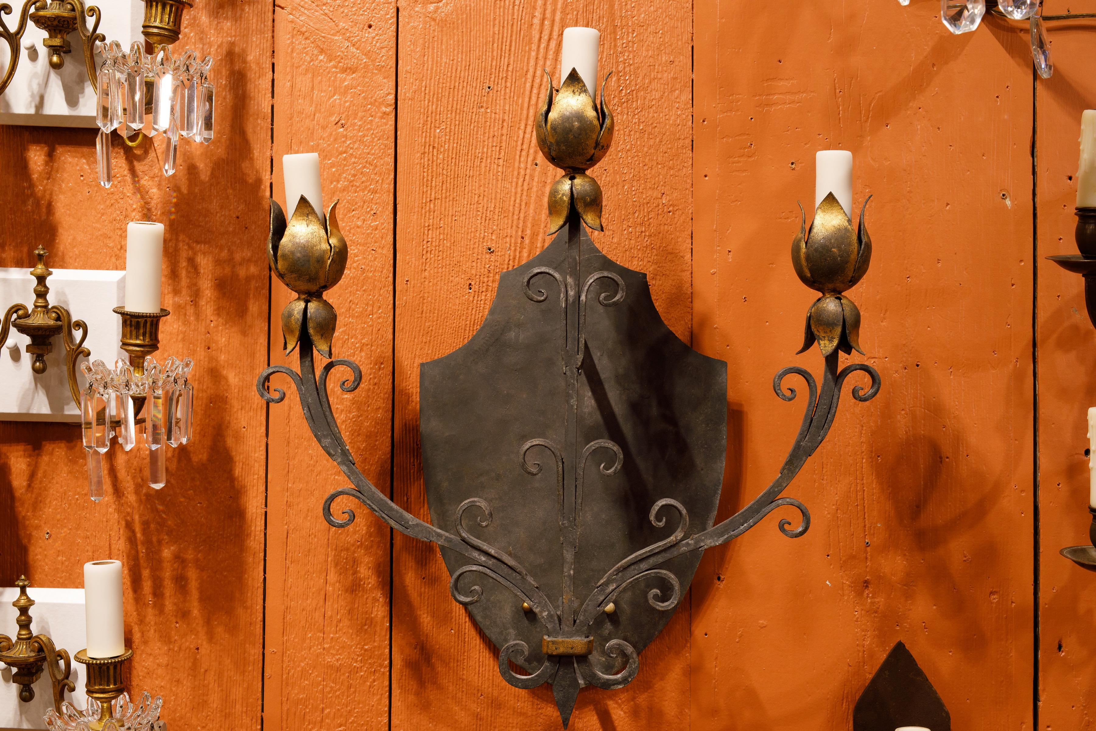 American Hand-Painted, Hand-Forged Floral Motif Sconce For Sale