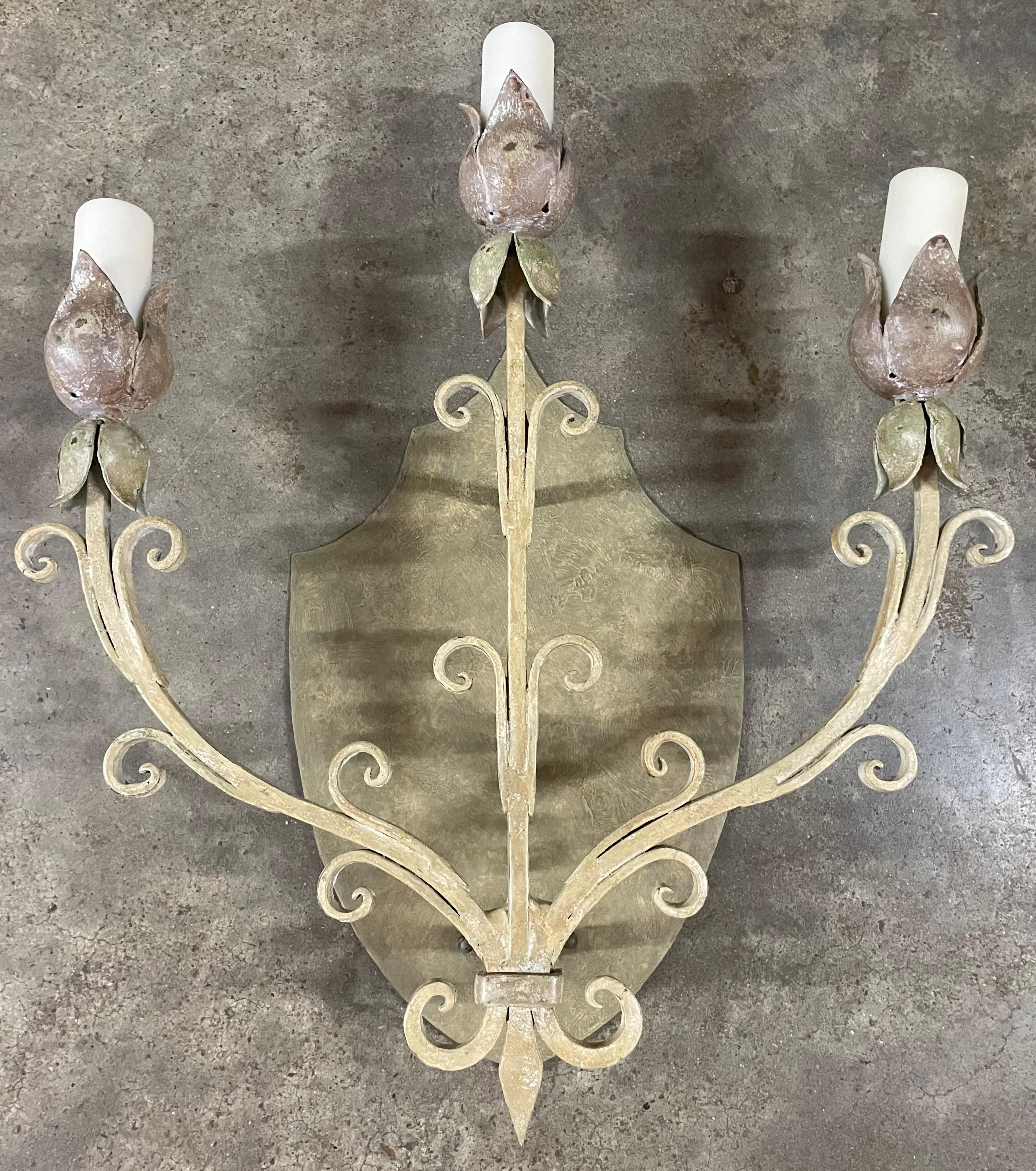Hand-Painted, Hand-Forged Floral Motif Sconce In New Condition For Sale In Houston, TX
