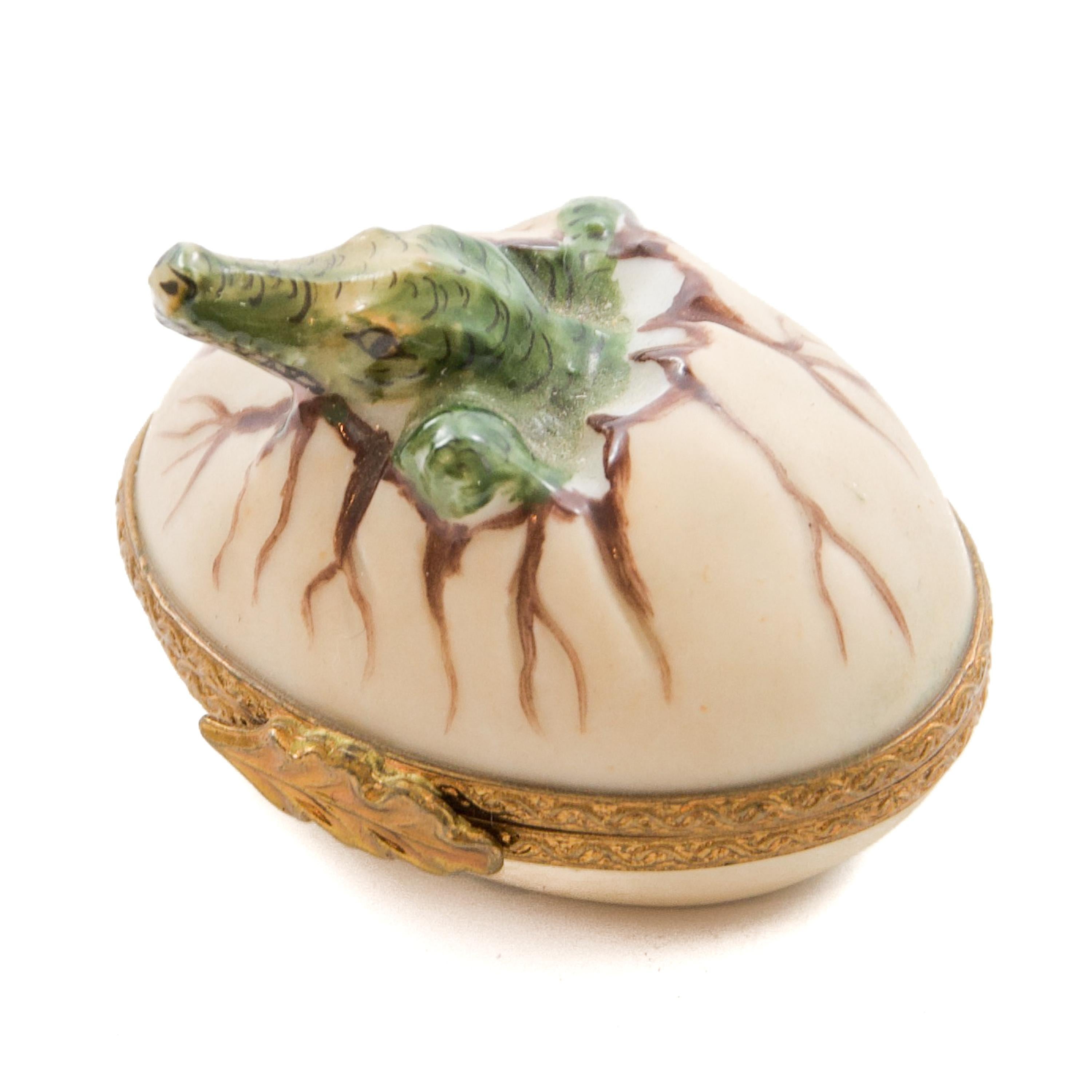 Women's or Men's Hand-Painted Hatching Baby Crocodile Porcelain Limoges Box, France For Sale