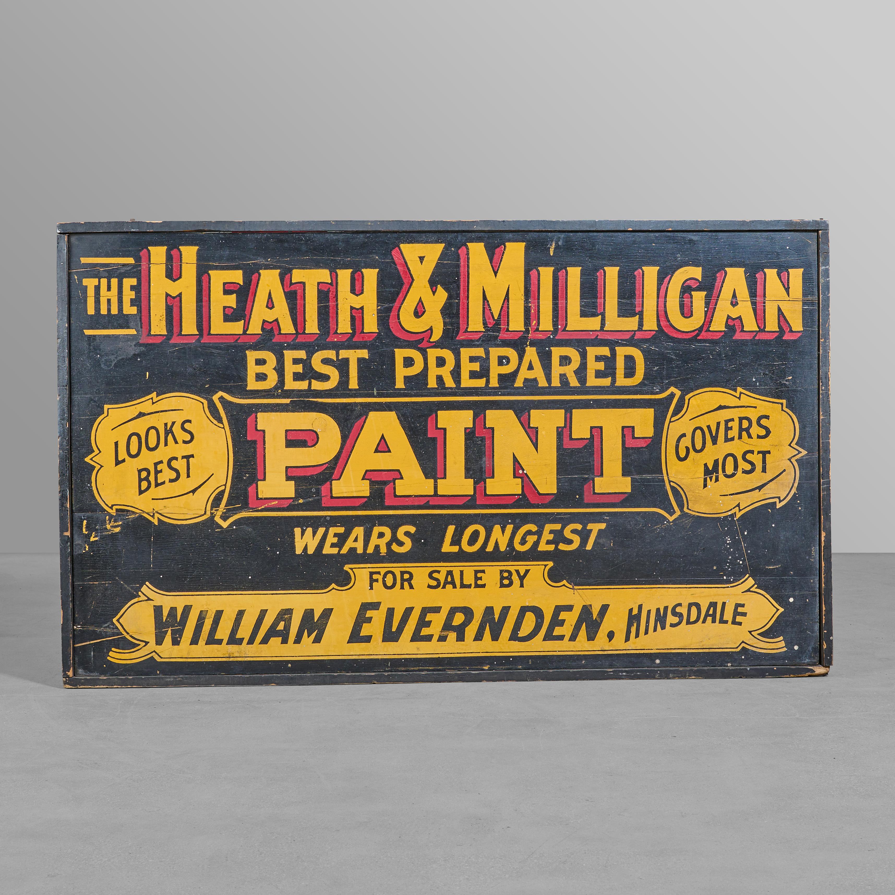 Hand painted sign for Heath & Milligan Paint. Great condition. From a Chicago area hardware store.