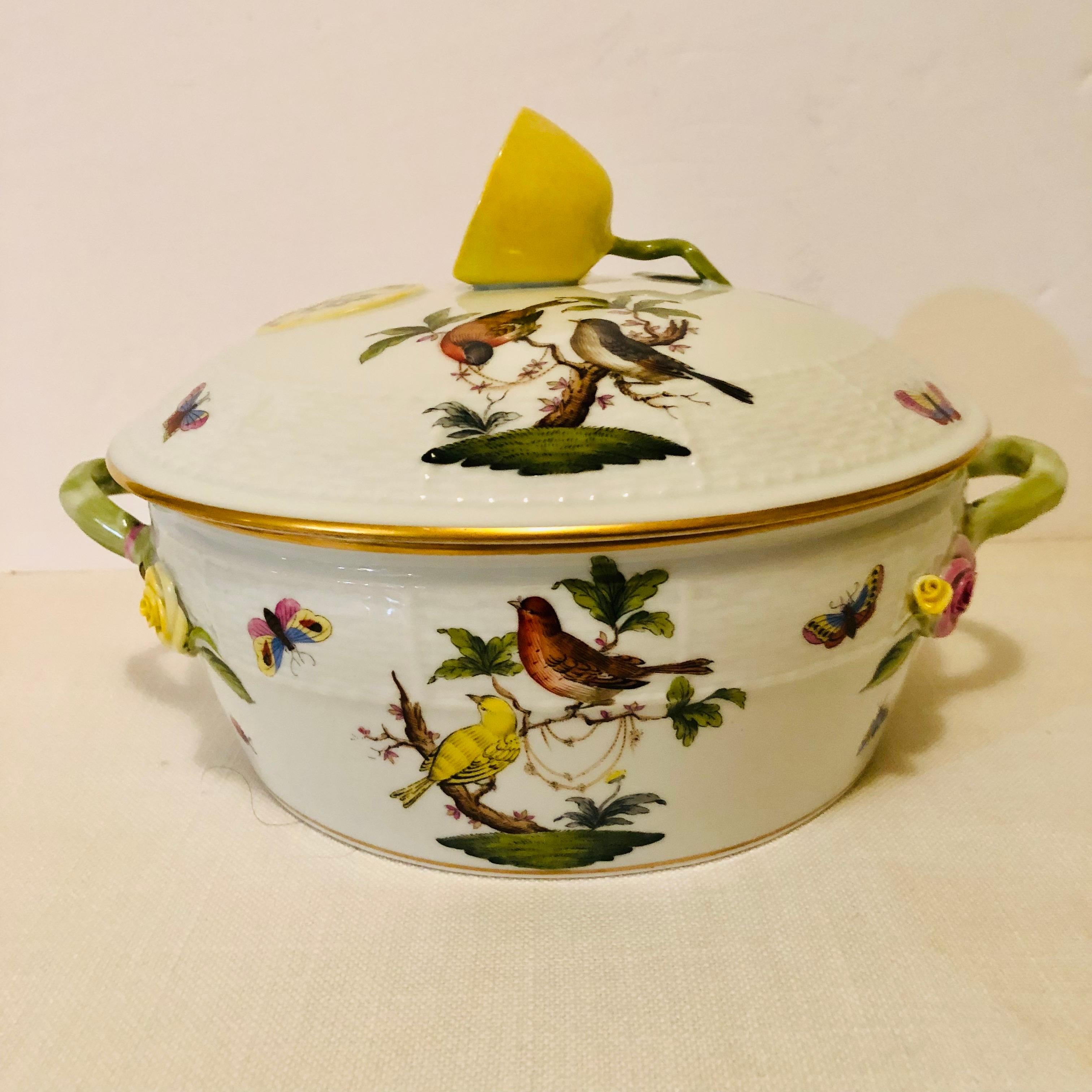 Hand Painted Herend Rothschild Bird Covered Bowl with a Raised Lemon on the Top 3
