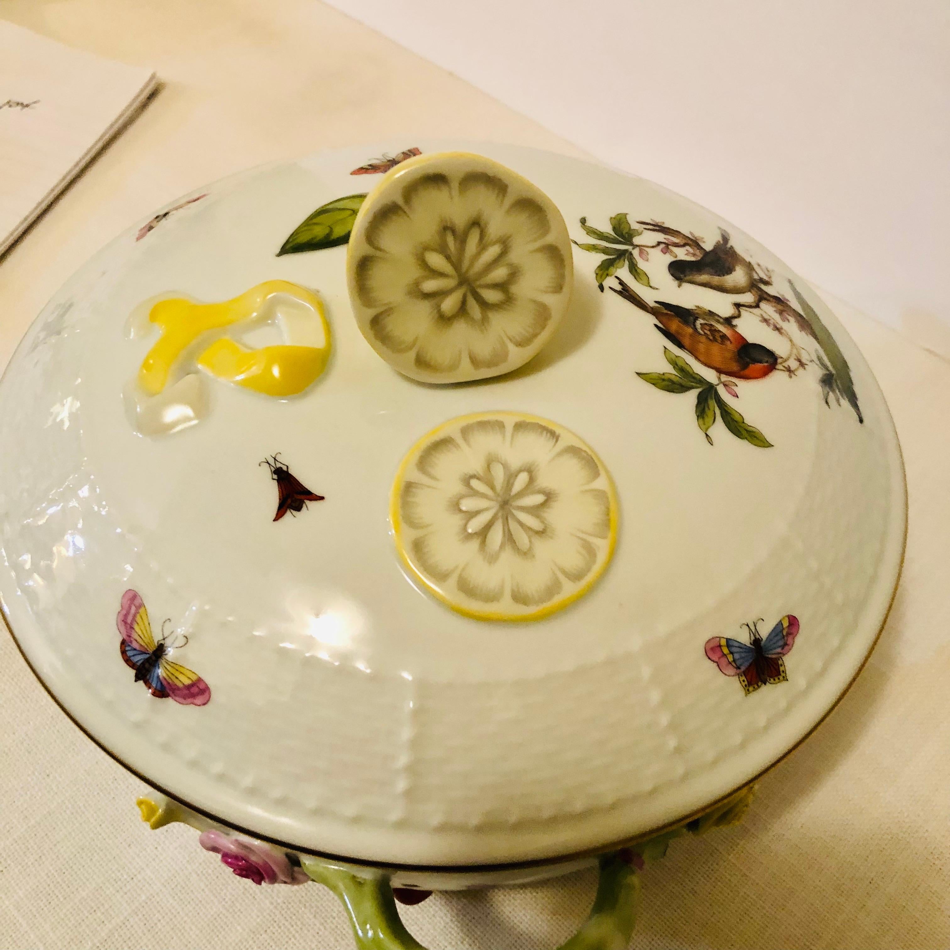 Romantic Hand Painted Herend Rothschild Bird Covered Bowl with a Raised Lemon on the Top
